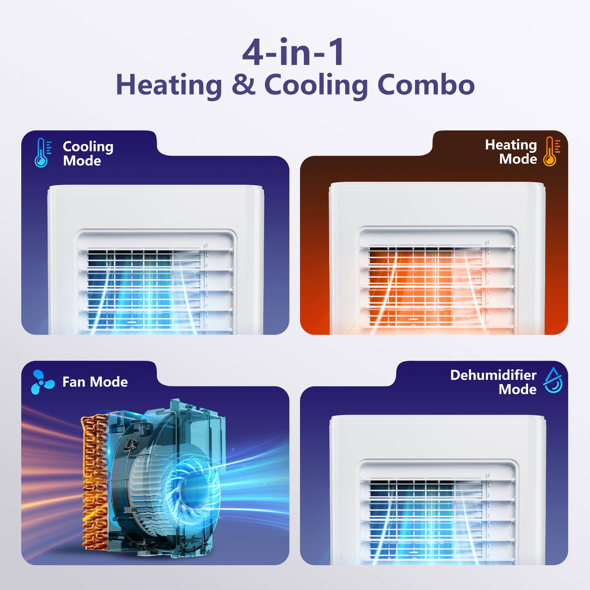 4-in-1 Heating & Cooling Combo

Cooling Mode

Heating Mode

Fan Mode

Dehumidifier Mode