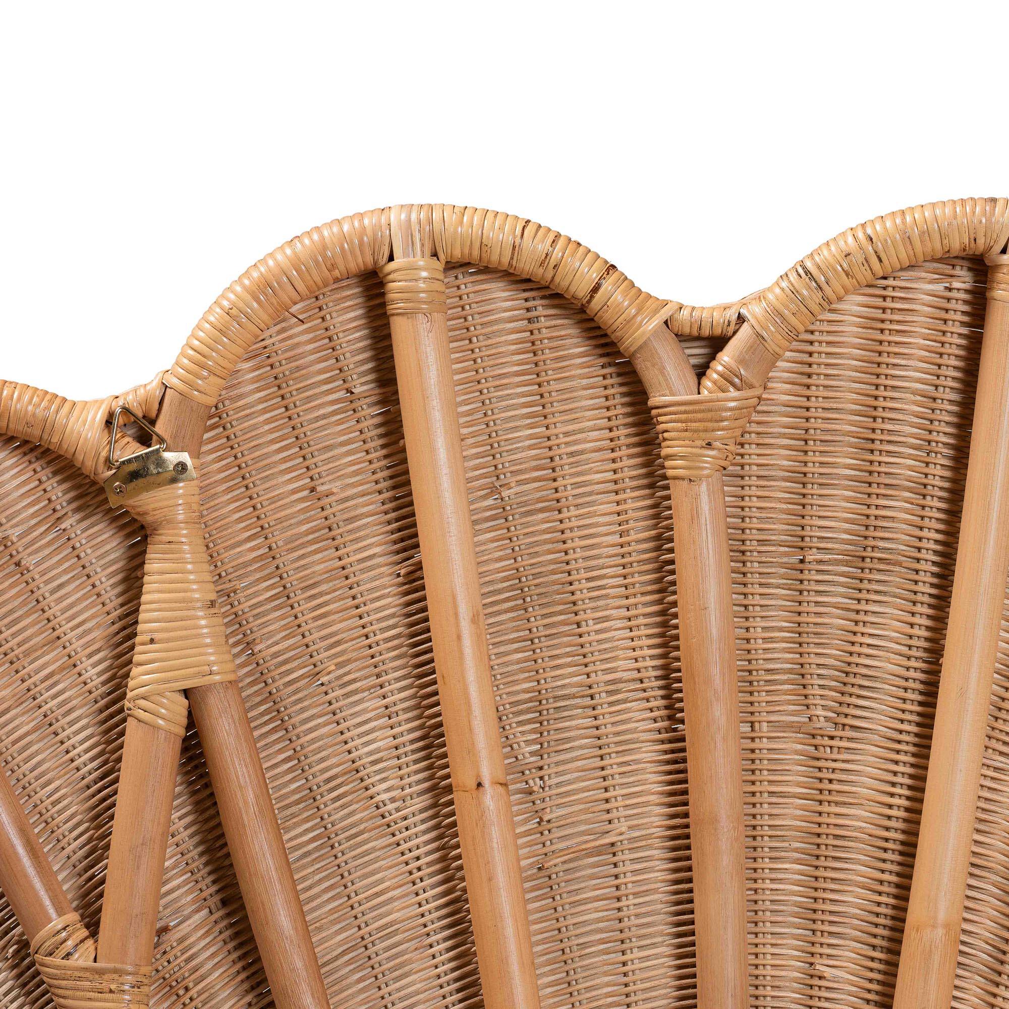 Back. bali & pari - Callias Natural Rattan Scalloped Headboard with Sunburst Weave – Coastal Wicker Bed Backdrop for Bedroom Décor, Queen - Natural Brown.