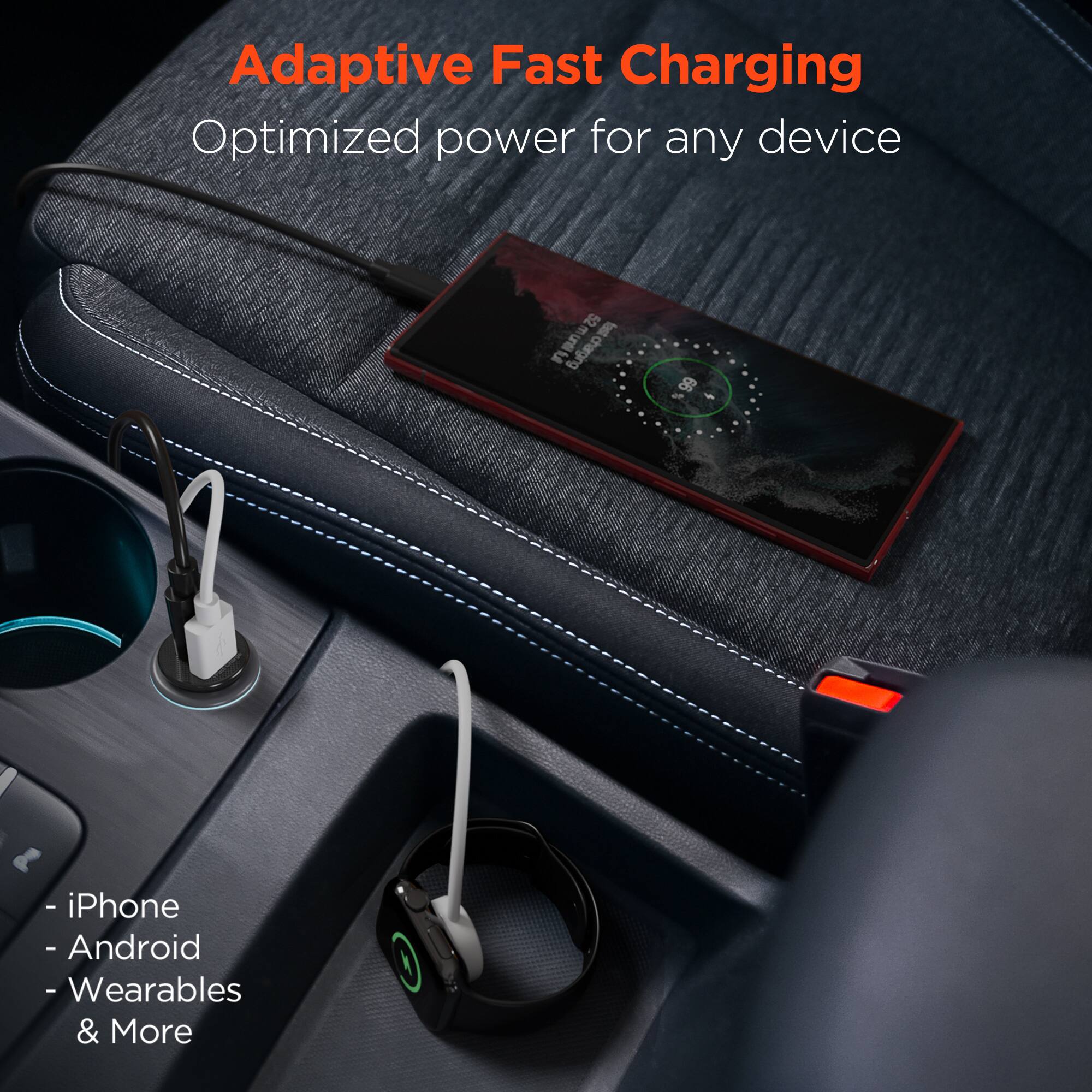 Adaptive Fast Charging  
Optimized power for any device  

- iPhone  
- Android  
- Wearables & More