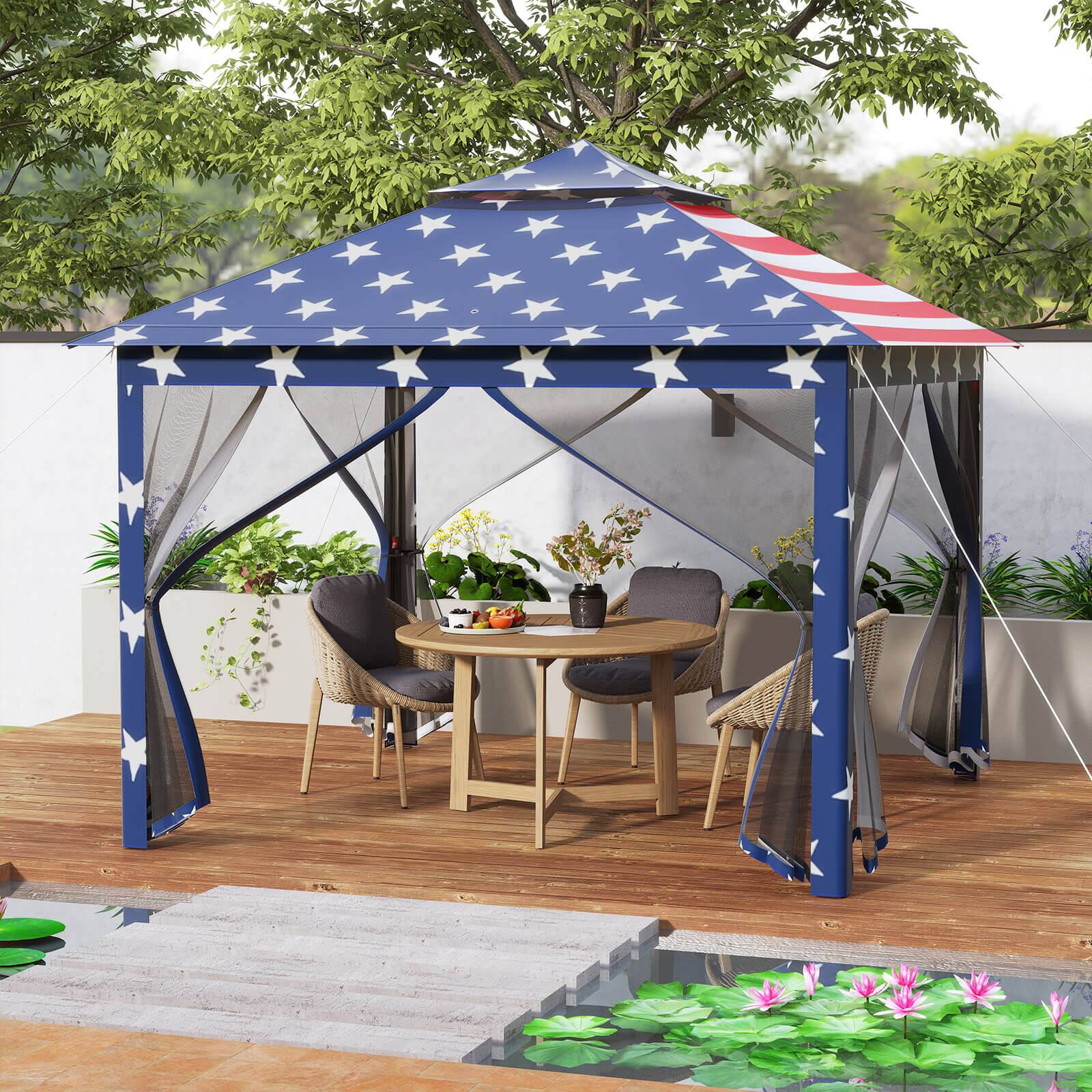 Alt View 1. Costway - Costway 11 ft × 11 ft Pop up Gazebo with Mesh Netting Sidewalls, Vented Top, Drainage Holes - American Flag.