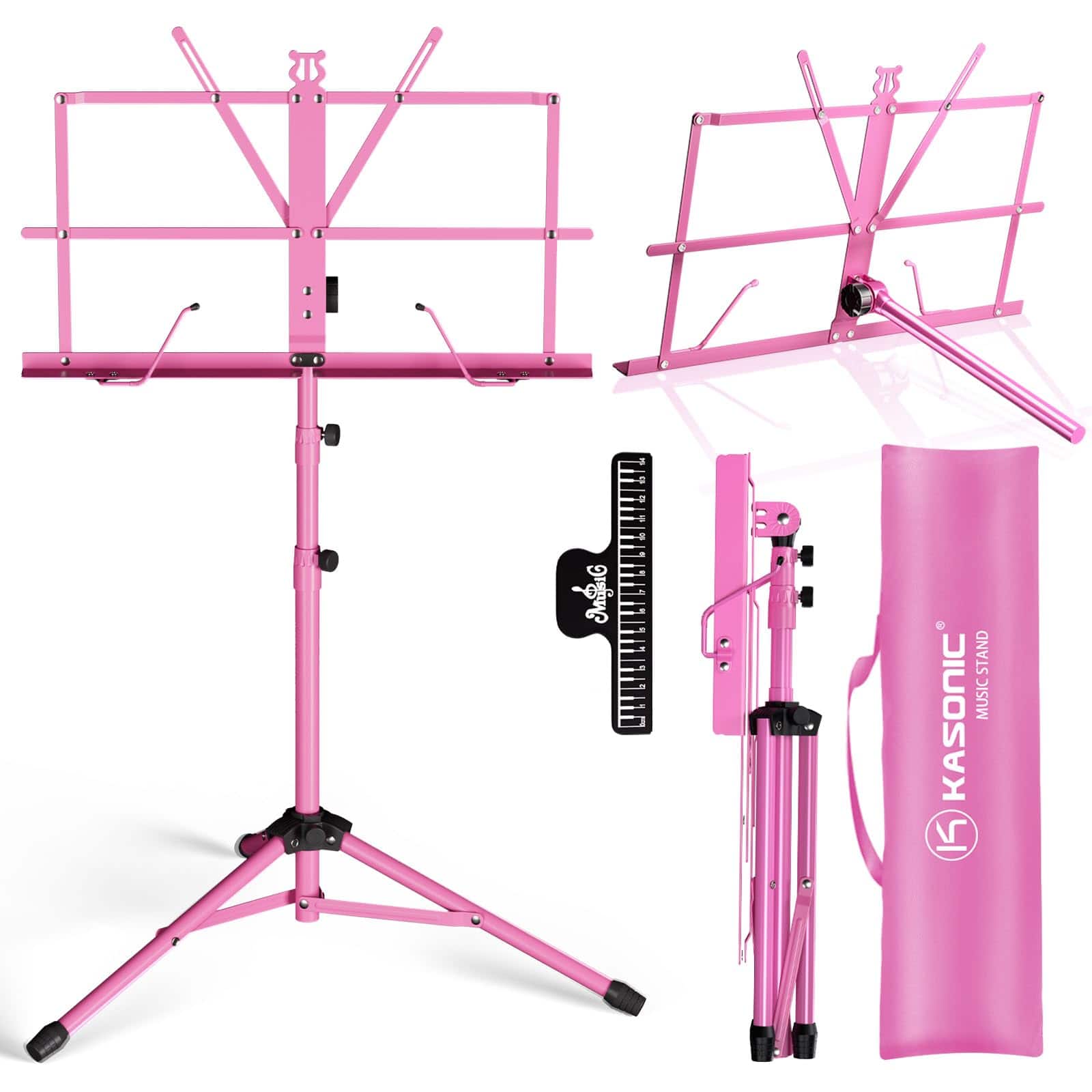 MAGICAL RUBS - Music Stand 2 In 1 Dual-use Folding Sheet & Desktop Book Portable Lightweight With Clip Holder Carrying Bag - Pink