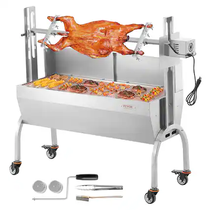 Front. VEVOR - Rotisserie Grill with Windscreen, BBQ Whole Pig Lamb Goat Charcoal Spit Grill, 46 Inch 132 Lbs Capacity - Silver.