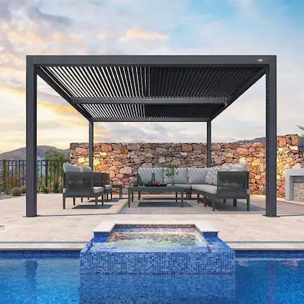 Front. PURPLE LEAF - Louvered Pergola Outdoor Gray Aluminum Pergola with Adjustable Roof for Deck Backyard Garden Hardtop Gazebo - 12' X 12'.