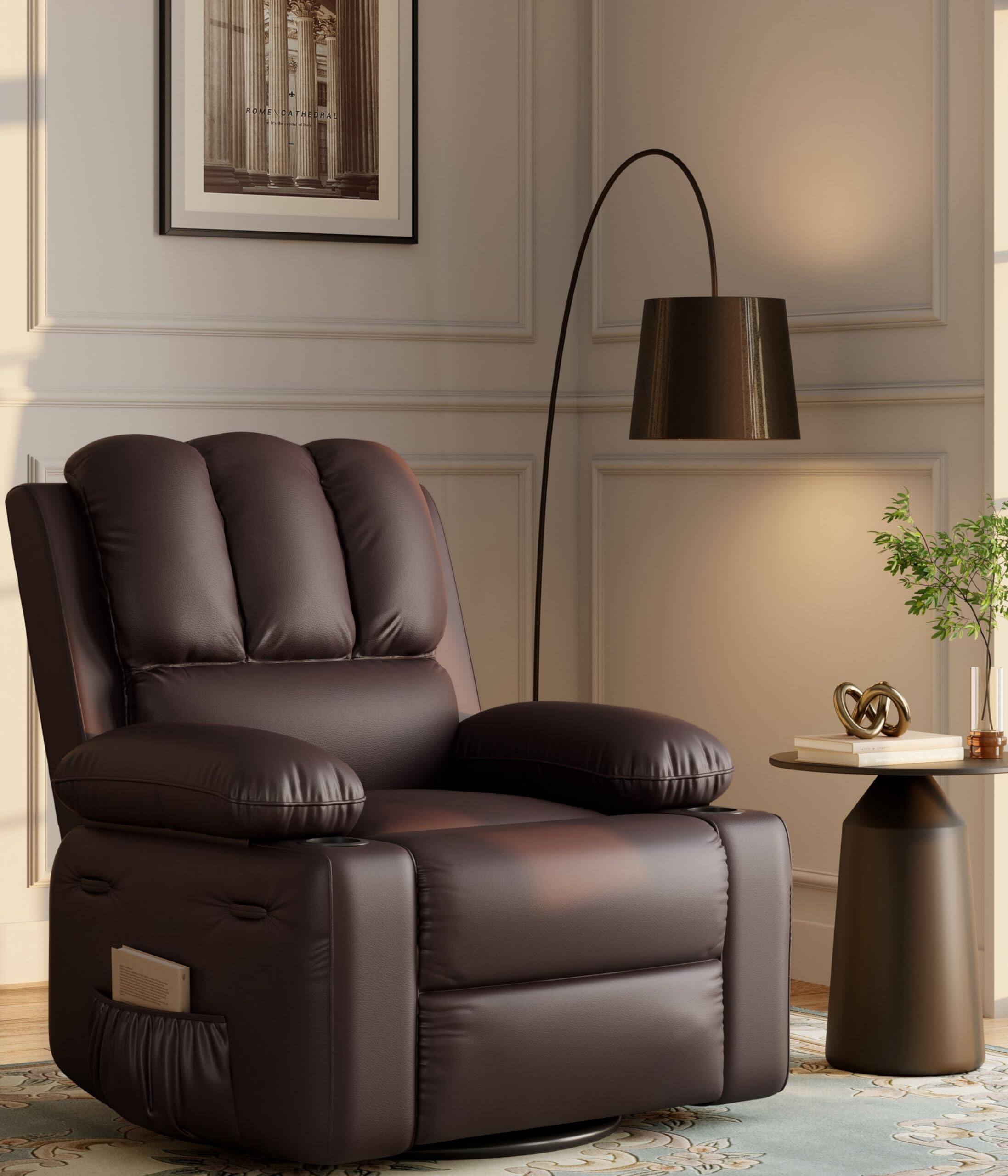 Alt View 3. Jojoka - 37.4" Wide Oversized Recliner Chair, PU Leather Manual Recliner Chair with Cup Holder and Side Pockets - Coffee.