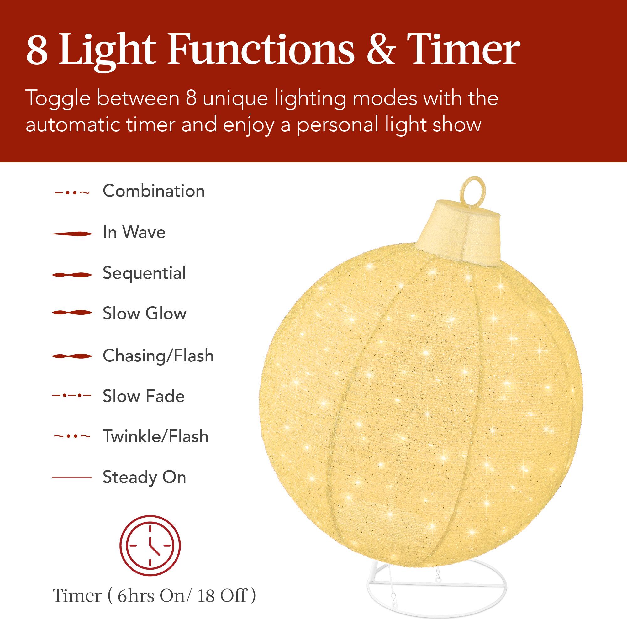 8 Light Functions & Timer

Toggle between 8 unique lighting modes with the automatic timer and enjoy a personal light show

- Combination
- In Wave
- Sequential
- Slow Glow
- Chasing/Flash
- Slow Fade
- Twinkle/Flash
- Steady On

Timer (6hrs On/ 18 Off)