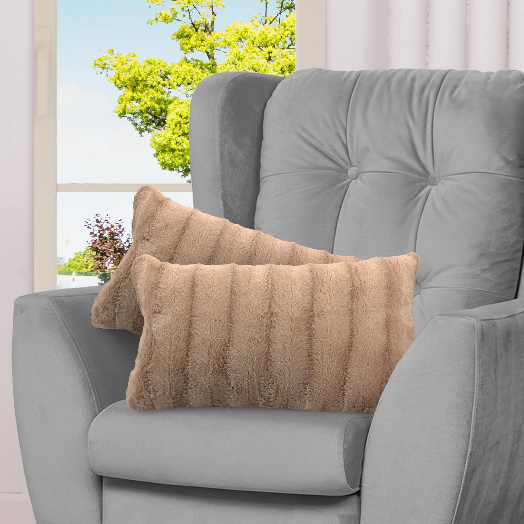 Front. Cheer Collection - Set of 2 Decorative Throw Pillows - Reversible Faux Fur to Microplush Accent Pillows by 12"x 20" - Sand.