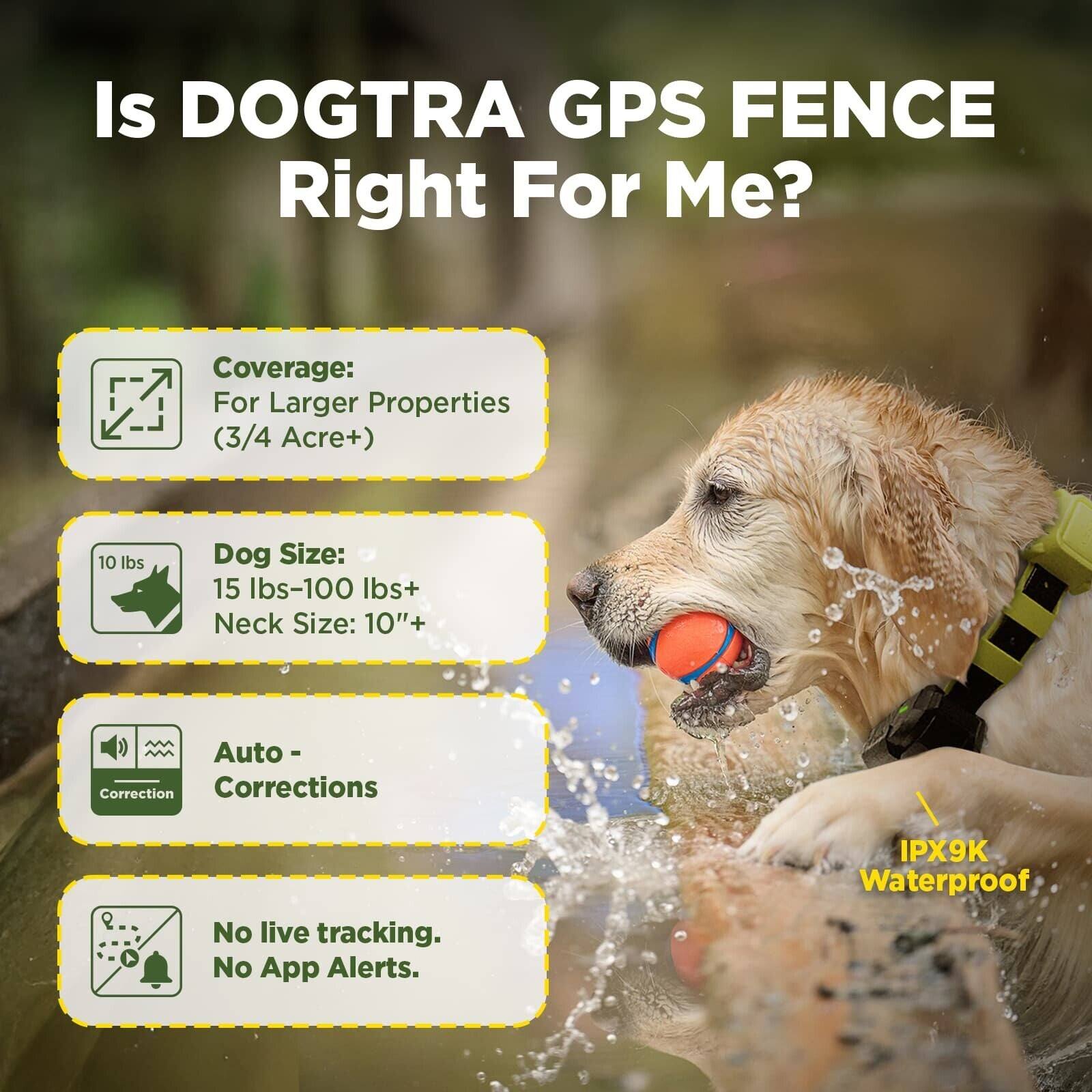 Is DOGTRA GPS FENCE Right For Me?  
Coverage: For Larger Properties (3/4 Acre+)  
Dog Size: 15 lbs-100 lbs+  
Neck Size: 10"+  
Auto - Corrections  
No live tracking. No App Alerts.  
IPX9K Waterproof