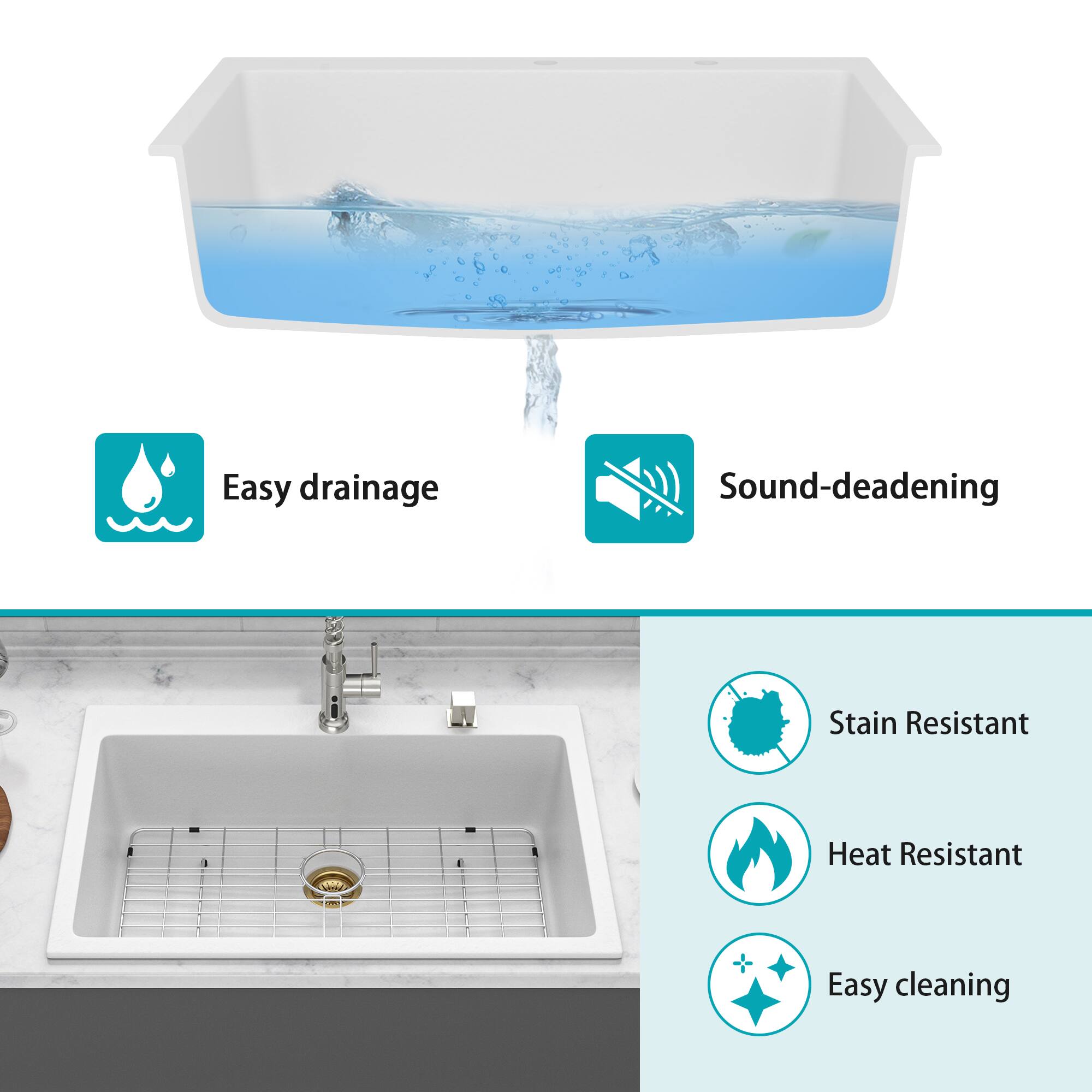 Easy drainage  
Sound-deadening  
Stain Resistant  
Heat Resistant  
Easy cleaning