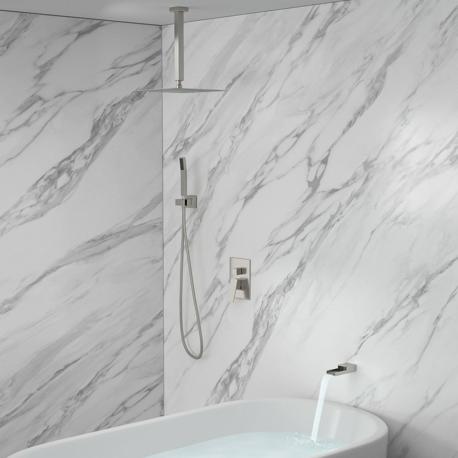 Left. Lordear - Shower System with Waterfall Tub Spout,12 Inch Ceiling Mount Square Shower System with Rough-in Valve,Brushed Nickel - Brushed Nickel.