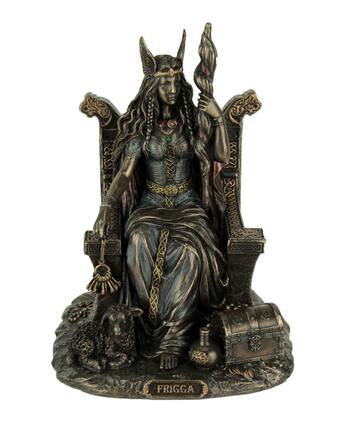 Front. Veronese Design - Frigga Norse Goddess Of Love Marriage and Destiny Sitting On Throne Statue - Bronze.