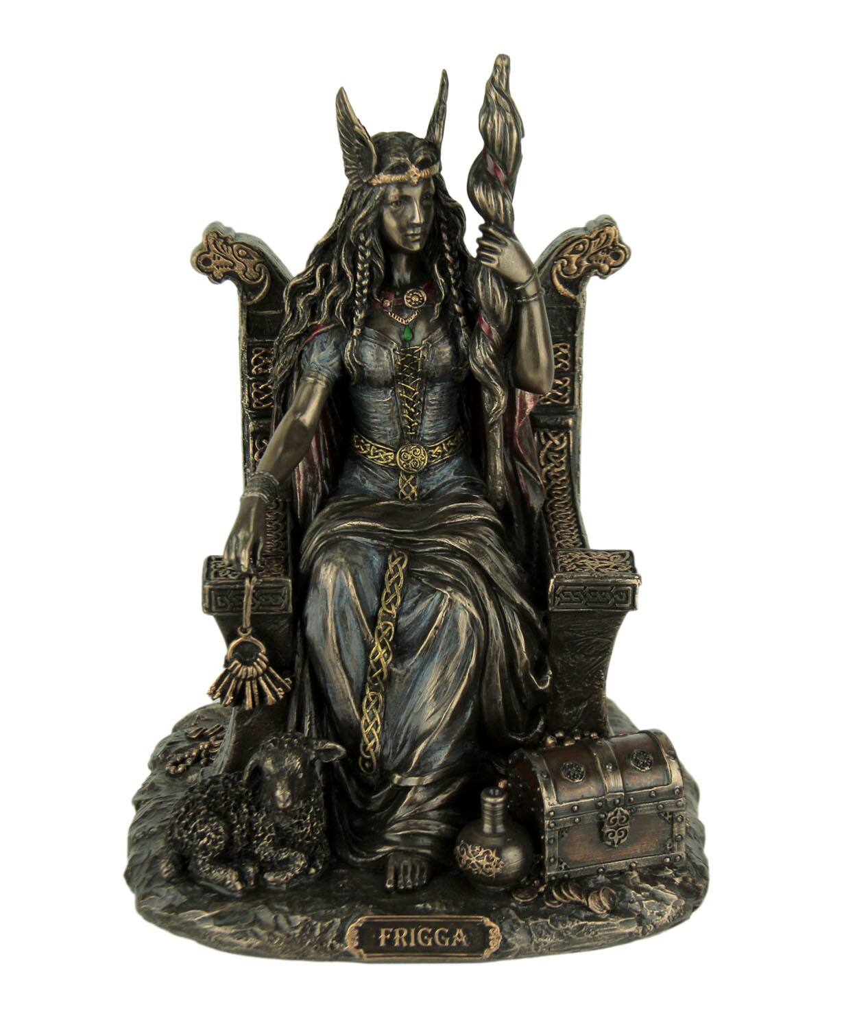 Front. Veronese Design - Frigga Norse Goddess Of Love Marriage and Destiny Sitting On Throne Statue - Bronze.