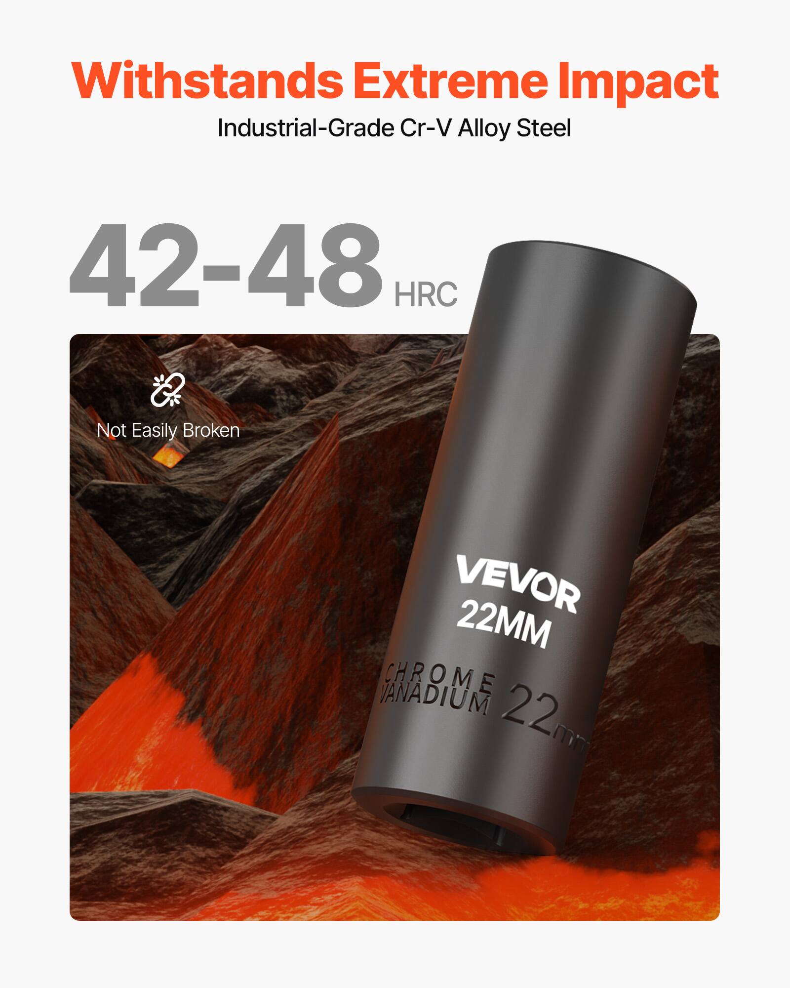Withstands Extreme Impact  
Industrial-Grade Cr-V Alloy Steel  
42-48 HRC  
Not Easily Broken  
VEVOR 22MM  
CHROME VANADIUM 22
