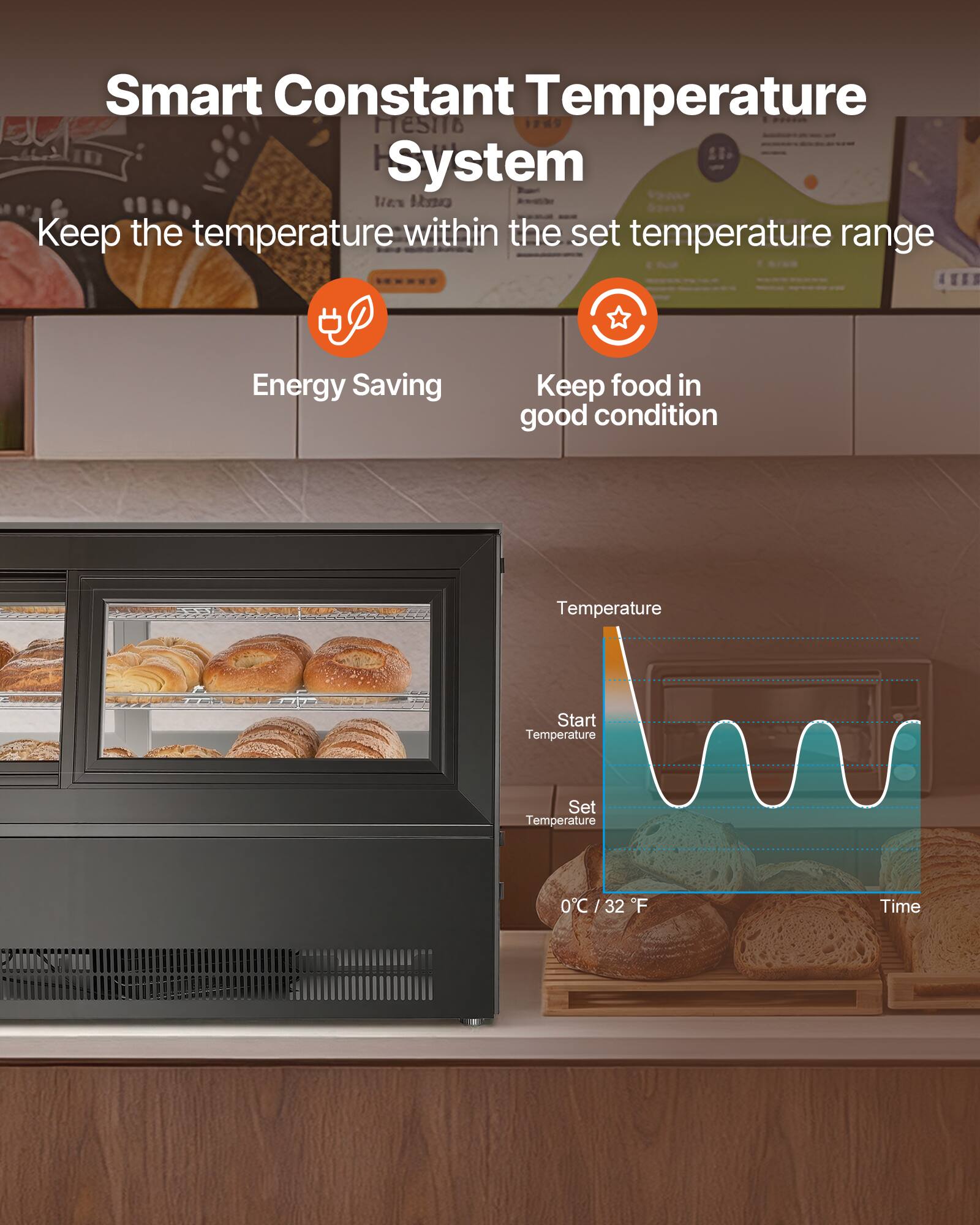 Smart Constant Temperature System  
Keep the temperature within the set temperature range  
Energy Saving  
Keep food in good condition  

Temperature  
Start Temperature  
Set Temperature  
0°C / 32°F  
Time