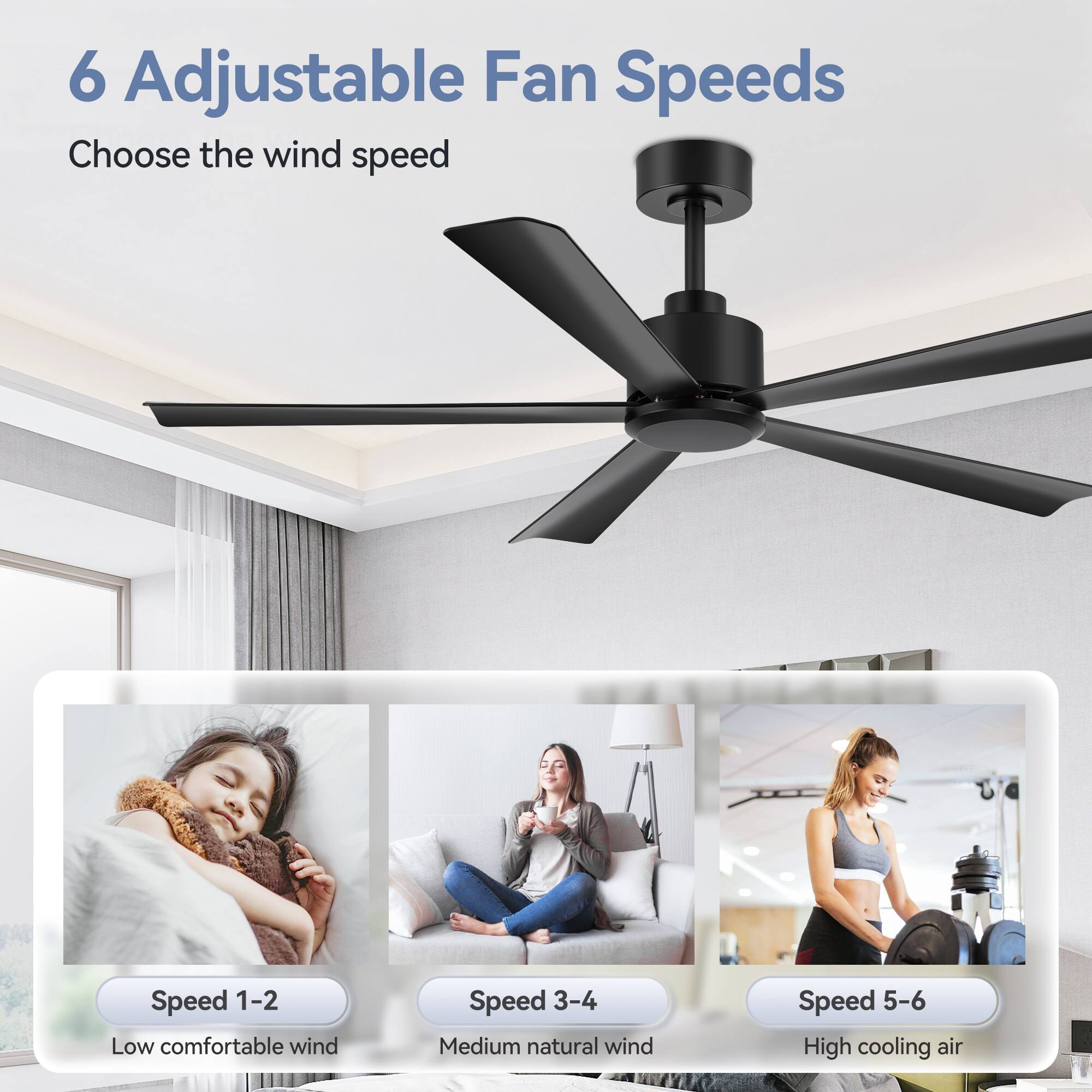 6 Adjustable Fan Speeds

Choose the wind speed

Speed 1-2 Low comfortable wind

Speed 3-4 Medium natural wind

Speed 5-6 High cooling air