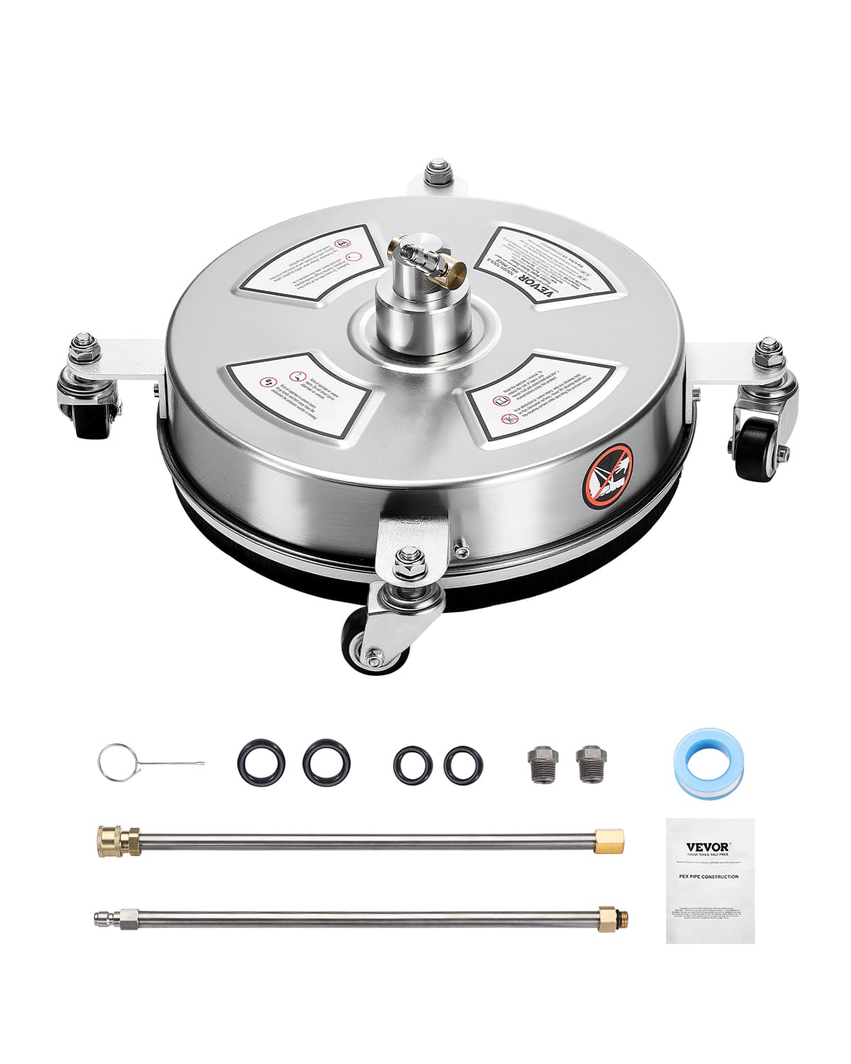 VEVOR - 14" Pressure Washer Surface Cleaner, Stainless Steel Pressure Washer Attachments with 4 Wheels, 4000 Max PSI - Silver