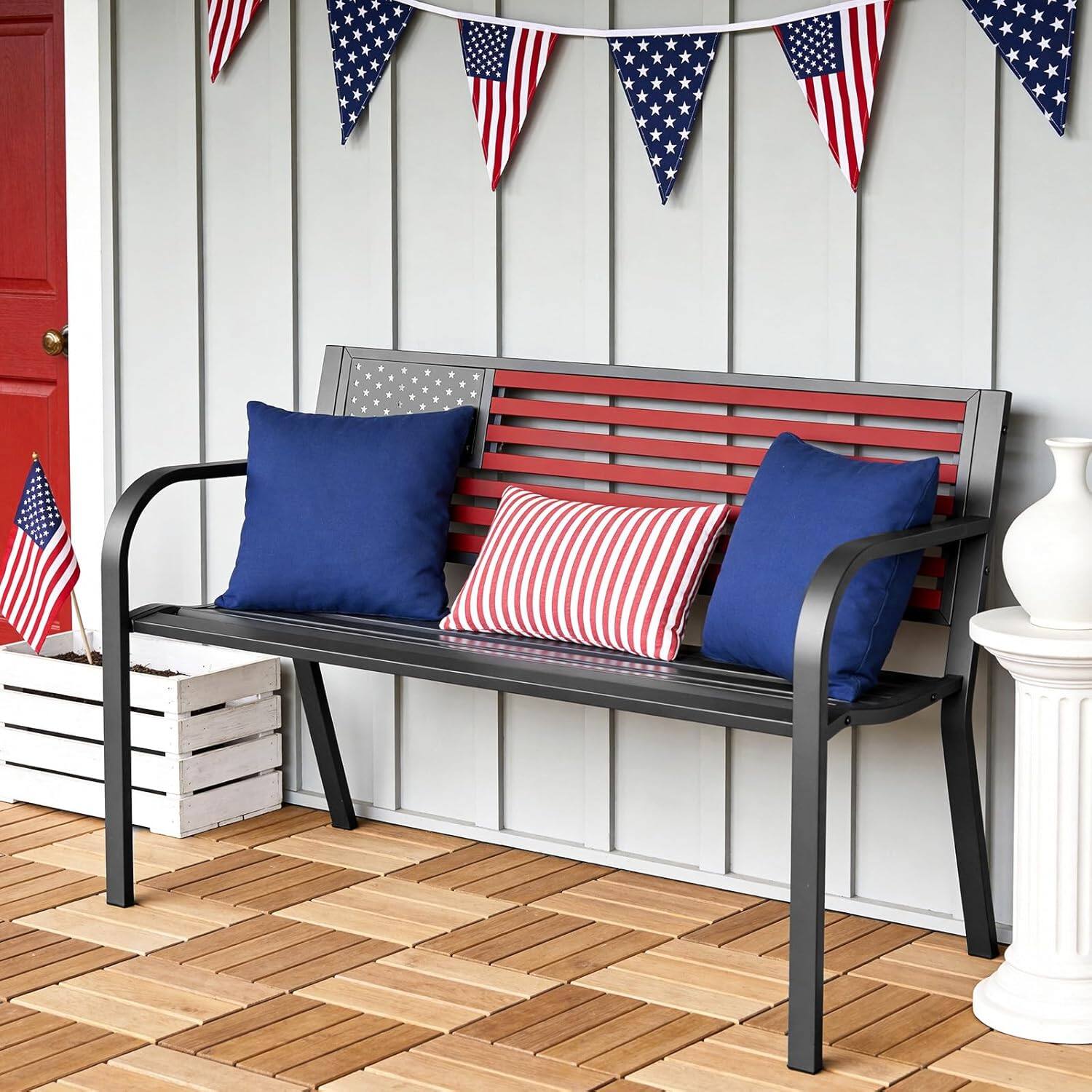 Angle. Yardgrace - 47In Sturdy Outdoor Metal Bench Stars Stripes, 2-Person Patio Cast Iron Steel for Porch Yard Lawn - Red.