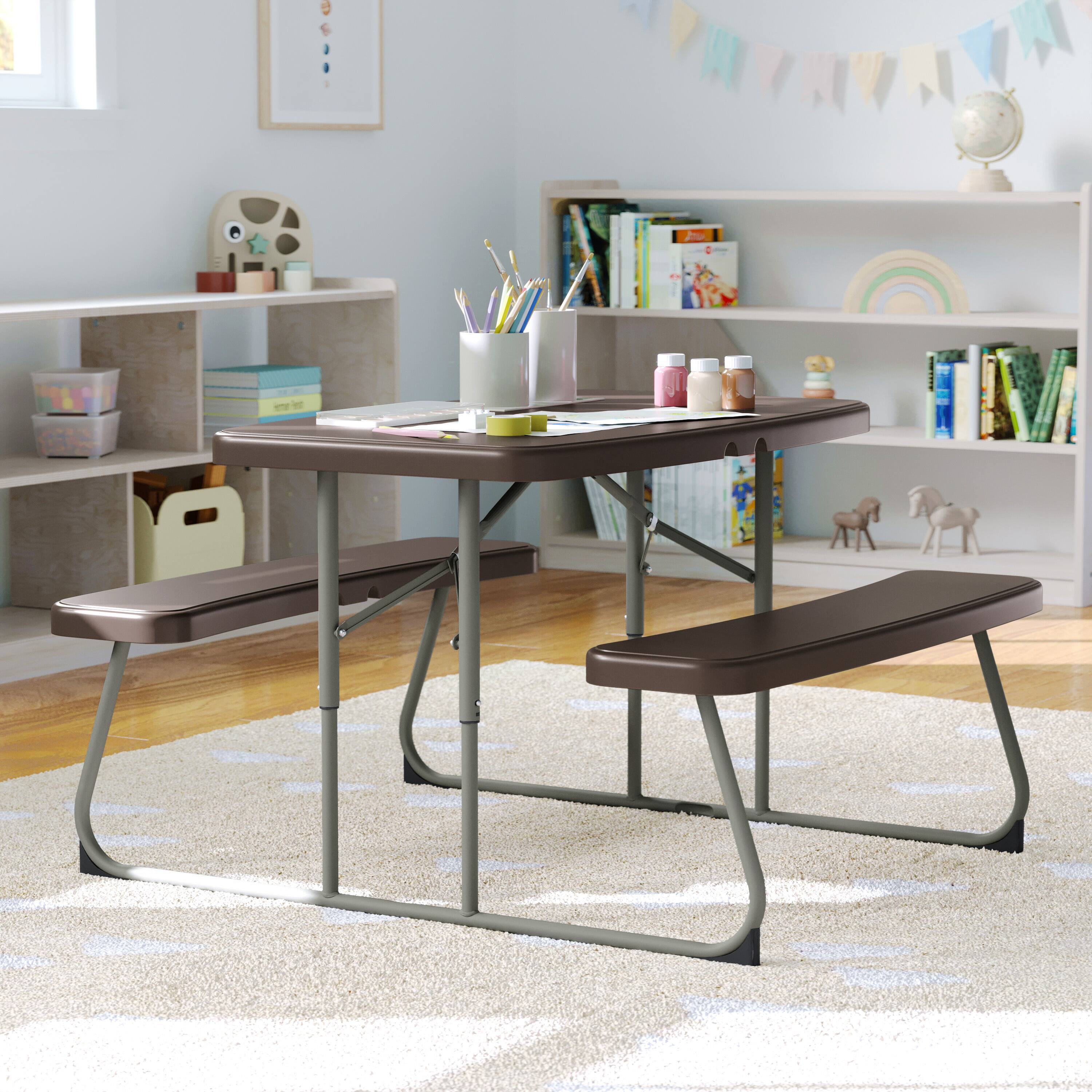 Alt View 2. Flash Furniture - Paige Easy-Fold Brown Folding Plastic Kids Outdoor Picnic Table and Benches - Commercial Grade - Seating for 4 Kids - Brown.
