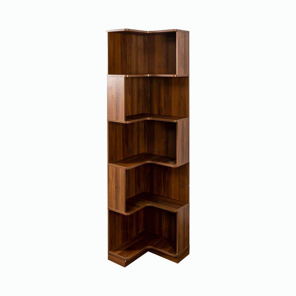 Left. Kadyn - Corner Book Shelf - 5 Tier Corner Bookcase with Baffle, Freestanding L Shaped Display Shelf Stand for Office, Brown - Brown.