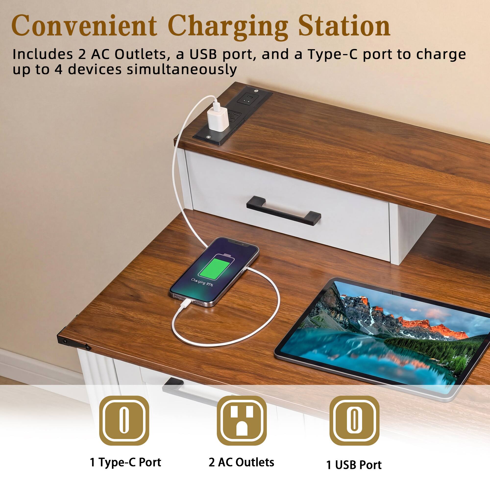 Convenient Charging Station  
Includes 2 AC Outlets, a USB port, and a Type-C port to charge up to 4 devices simultaneously  

1 Type-C Port  
2 AC Outlets  
1 USB Port