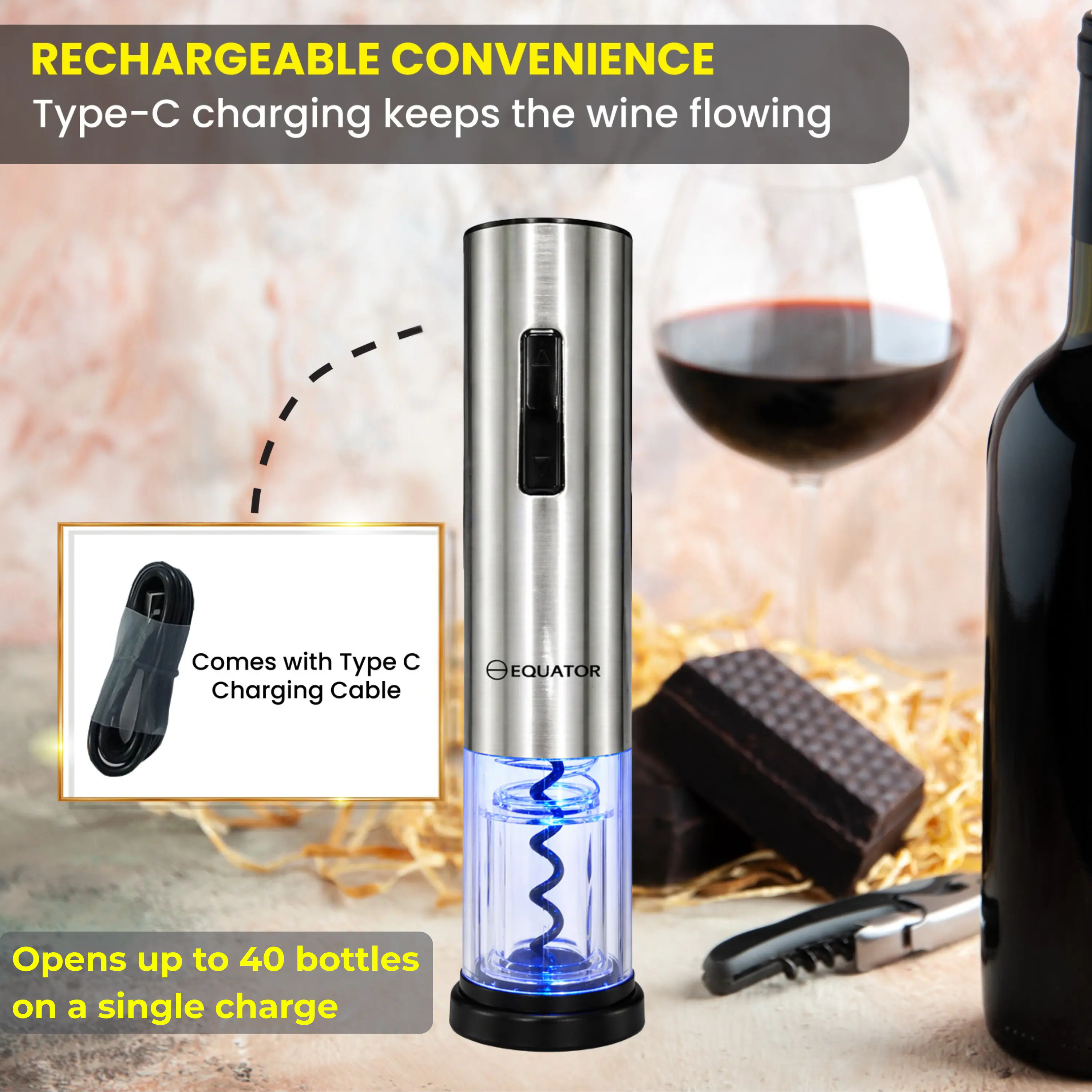 RECHARGEABLE CONVENIENCE  
Type-C charging keeps the wine flowing  
Comes with Type C Charging Cable  
Opens up to 40 bottles on a single charge