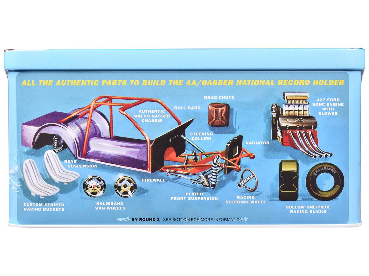 ALL THE AUTHENTIC PARTS TO BUILD THE AA/GASSER NATIONAL RECORD HOLDER DRAG CHUTE ROLL BARS AUTHENTIC MALCO GASSER CHASSIS 427 FORD SOHC ENGINE WITH BLOWER STEERING COLUMN RADIATOR REAR SUSPENSION FIREWALL HOC CUSTOM STRIPED RACING BUCKETS HALIBRAND MAG WHEELS PLATED FRONT SUSPENSION RACING STEERING WHEEL HOLLOW ONE-PIECE RACING SLICKS MPC BY ROUND 2 - SEE BOTTOM FOR MORE INFORMATION