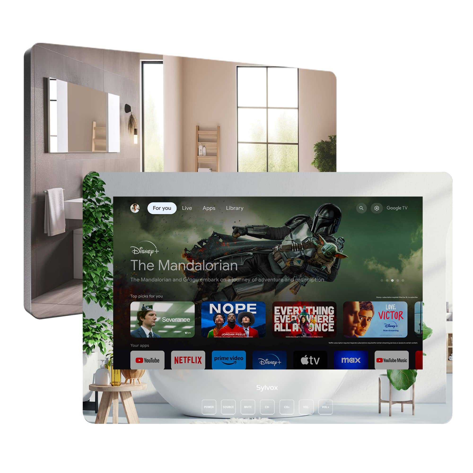 Sylvox - 24" Smart Bathroom Mirror TV, 1080P FHD Google TV, IP66 Waterproof Anti-Fog, Dual Front Speakers (Wall Mount)