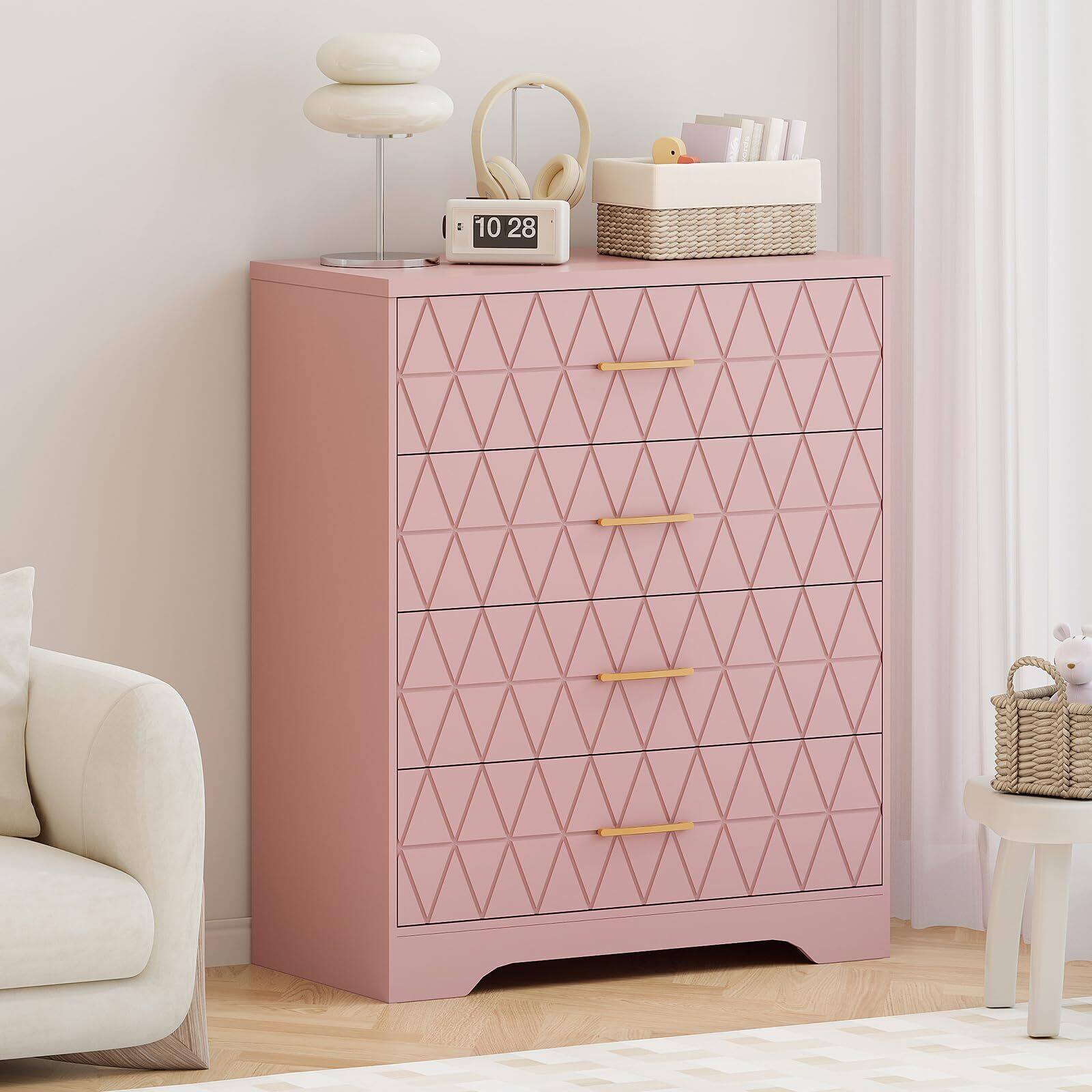 Acekool - 4 Drawer Wooden Dressers for Bedroom, Wood Chest of Drawers with Gold Handles for Closet - Pink