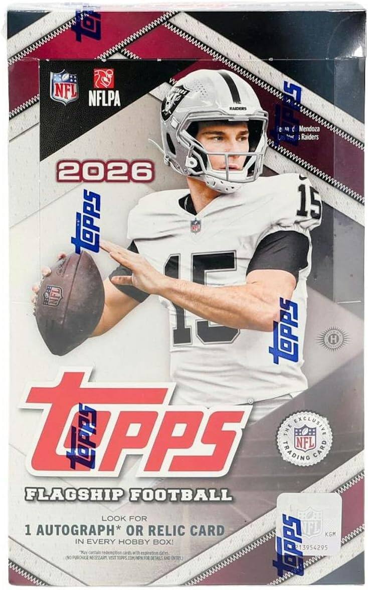 NFL NFLPA  
wwwwwwwy RAIDERS 9 a  
Mendoza Raiders 2026 15 topps 15 tepps H tepps TRADING THE FECLUSING NFL CARD FLAGSHIP FOOTBALL wwwwww  
LOOK FOR 1 AUTOGRAPH* OR RELIC CARD FL wwww KGM IN EVERY HOBBY BOX!  
OPPS 213954295  
"May contain recemption CAFES mociences PERTIFICA (NO PURCHASE NECESSARY WESTE TOPPS.COM/MPN FOR DETAILS AND ENTRY.)
