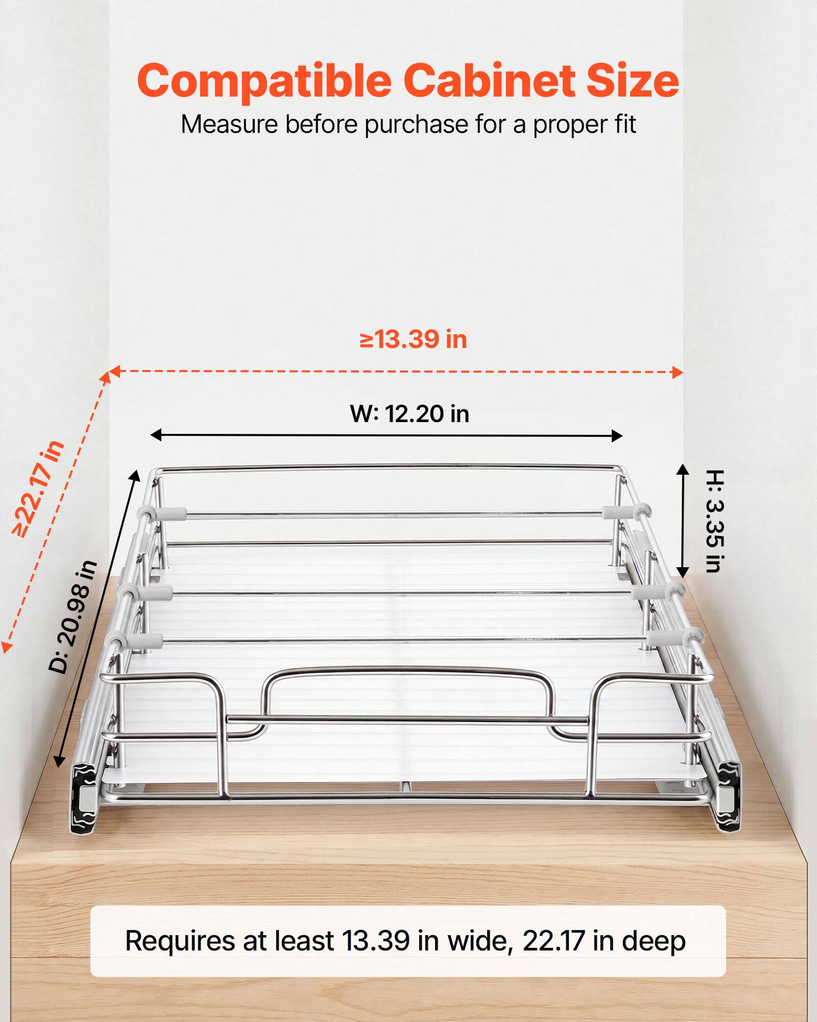 Compatible Cabinet Size  
Measure before purchase for a proper fit

- W: 12.20 in
- D: 20.98 in
- H: 3.35 in

Requires at least 13.39 in wide, 22.17 in deep