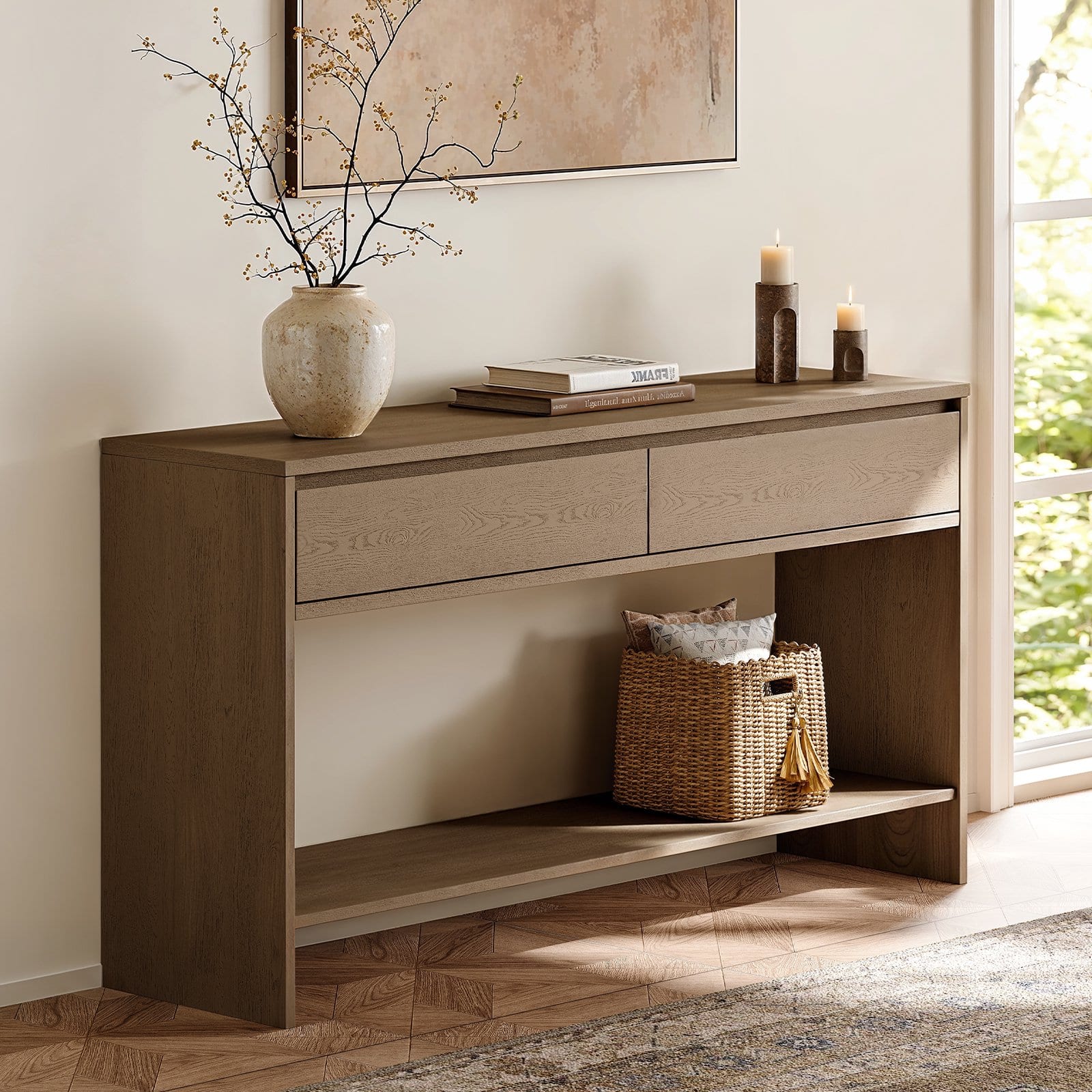 ModernMate - 55'' Console Table with 2 Drawers, 4 Solid Wood Legs - Walnut