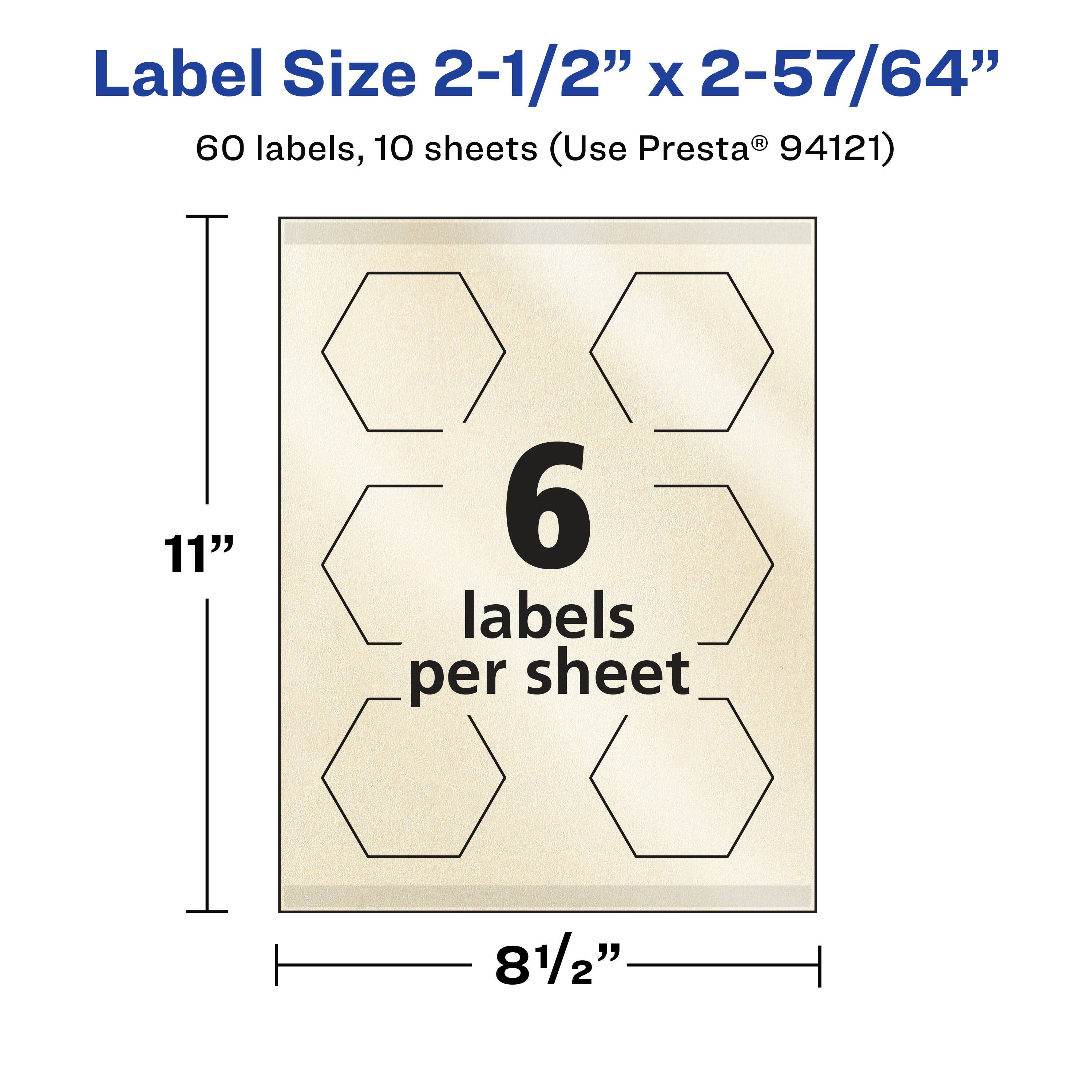 Label Size 2-1/2" x 2-57/64"  
60 labels, 10 sheets (Use Presta® 94121)  
11"  
6 labels per sheet  
8 1/2"