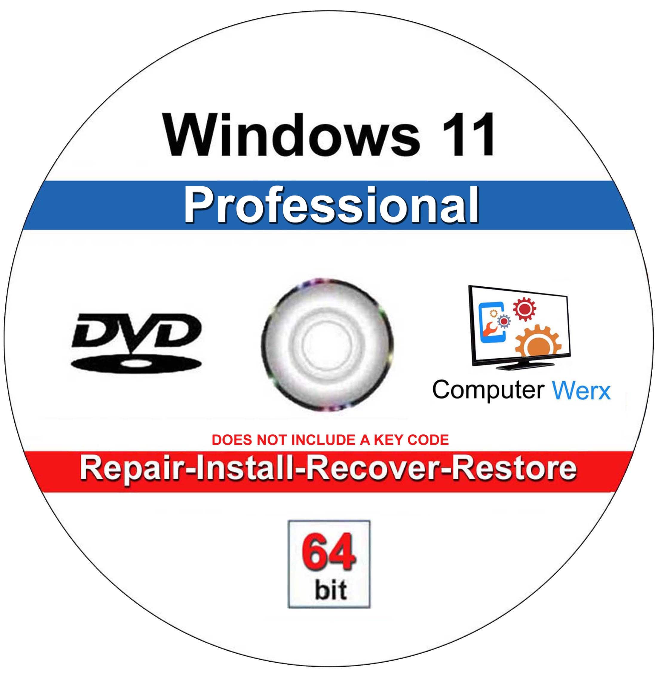 Computer Werx - Windows 11 Professional 64 bit Repair Recover Restore Reinstall DVD - Windows