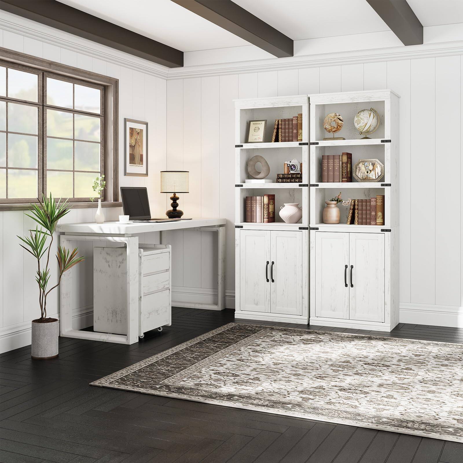 Alt View 1. Jojoka - 68.7" Rustic Farmhouse Bookshelf with Doors, 5-Tier Wooden Bookcase with Storage Cabinet - White.