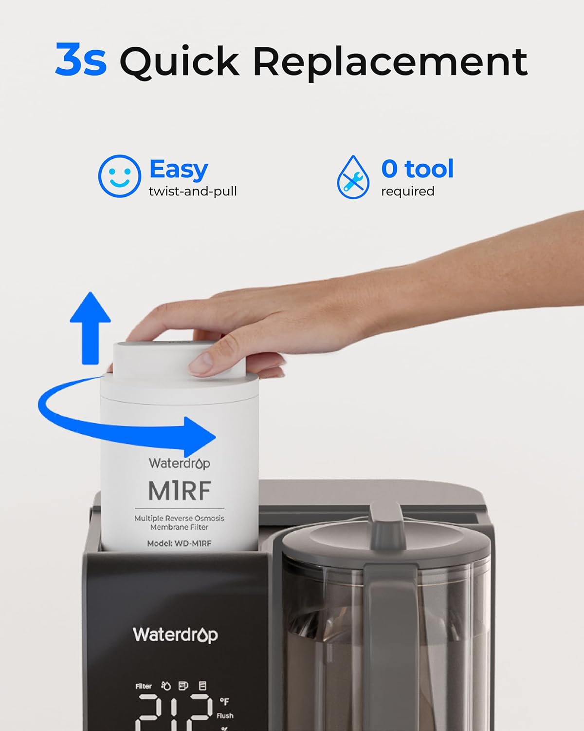 3s Quick Replacement

Easy twist-and-pull

0 tool required

Waterdrop M1RF  
Multiple Reverse Osmosis Membrane Filter  
Model: WD-M1RF

Waterdrop  
Filter  
212  
Flush