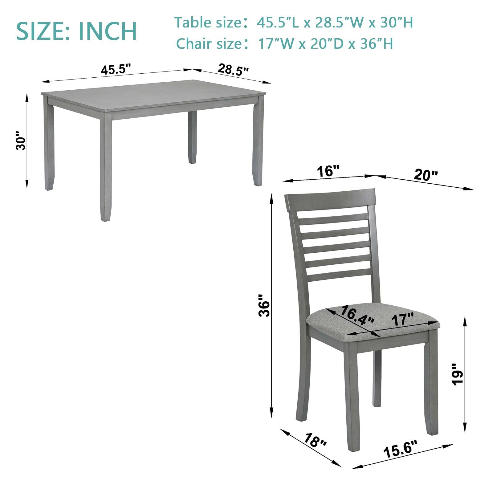 SIZE: INCH

Table size: 45.5"L x 28.5"W x 30"H

Chair size: 17"W x 20"D x 36"H

- 45.5"
- 28.5"
- 30"
- 17"
- 20"
- 36"
- 16"
- 19"
- 18"
- 15.6"