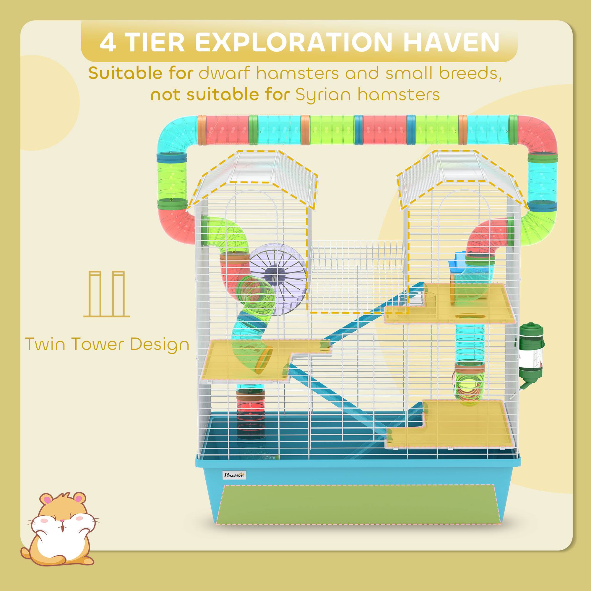 4 TIER EXPLORATION HAVEN  
Suitable for dwarf hamsters and small breeds, not suitable for Syrian hamsters  

Twin Tower Design