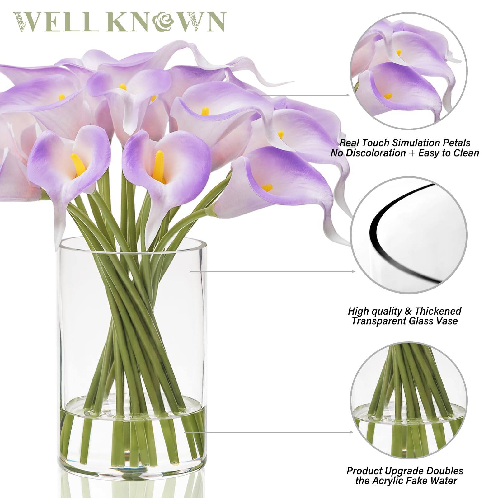 WELL KNOWN

- Real Touch Simulation Petals
- No Discoloration + Easy to Clean
- High quality & Thickened Transparent Glass Vase
- Product Upgrade Doubles the Acrylic Fake Water