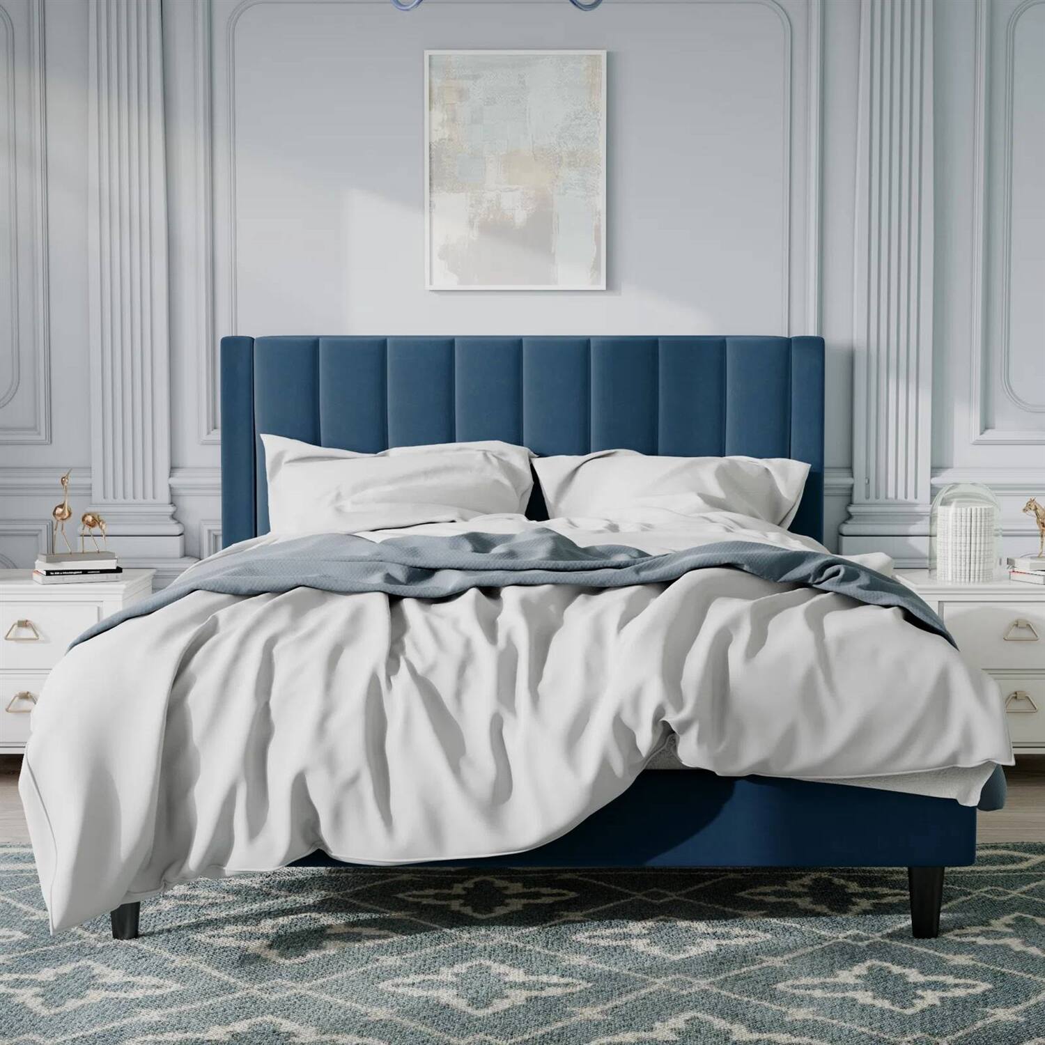 Left. Hivvago - Hivvago Full size Modern  Velvet Upholstered Platform Bed with Headboard - Blue.