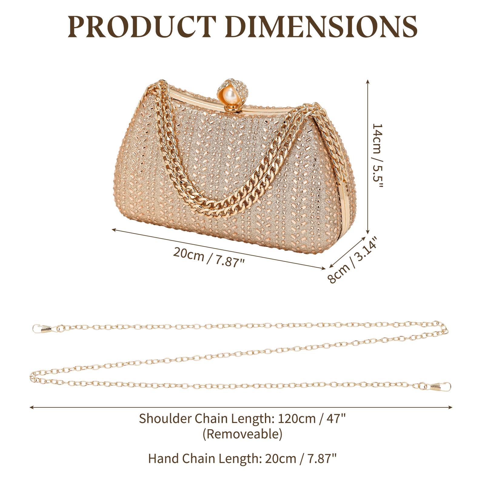 PRODUCT DIMENSIONS

- Height: 14cm / 5.5"
- Width: 20cm / 7.87"
- Depth: 8cm / 3.14"

Shoulder Chain Length: 120cm / 47" (Removable)

Hand Chain Length: 20cm / 7.87"