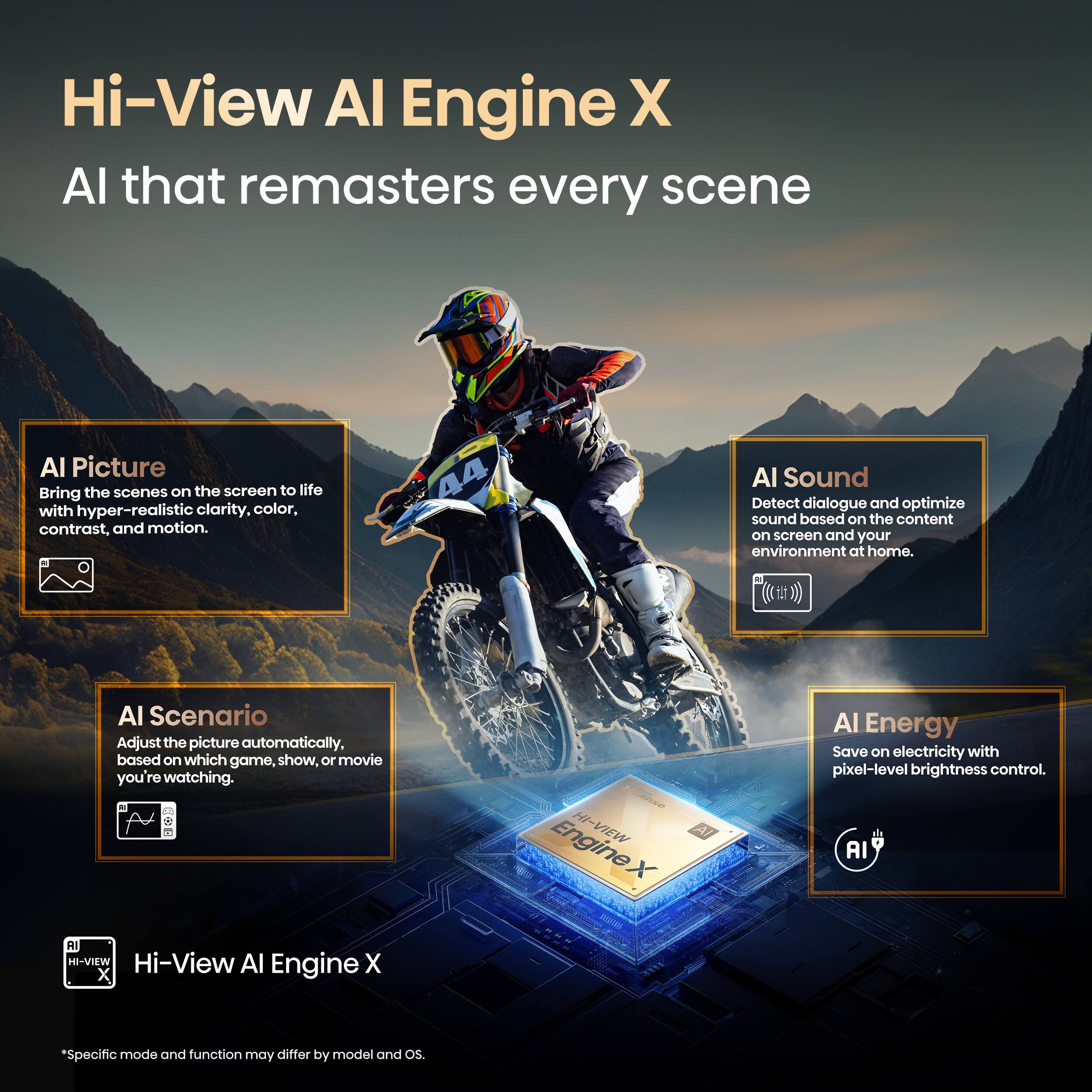 Hi-View AI Engine X:

* AI that remasters every scene
* Al Picture: Bring scenes on the screen to life with hyper-realistic clarity, color, contrast, and motion
* Al Sound: Detect dialogue and optimize sound based on the content on screen and your environment at home
* Al Scenario: Adjust the picture automatically, based on which game, show, or movie you're watching
* Al Energy: Save on electricity with pixel-level brightness control.