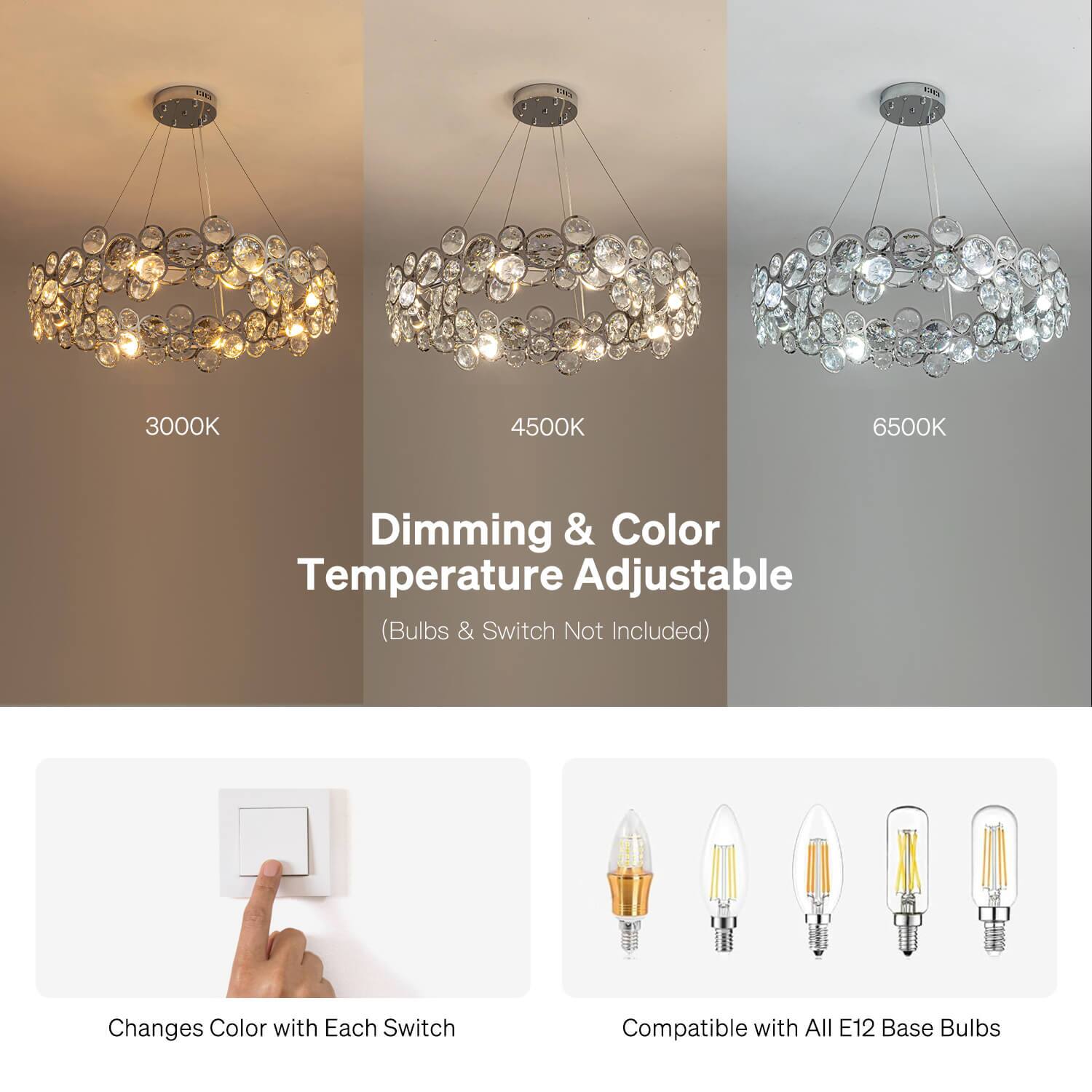 EHE Co 3000K 4500K 6500K Dimming & Color Temperature Adjustable (Bulbs & Switch Not Included) Changes Color with Each Switch Compatible with All E12 Base Bulbs