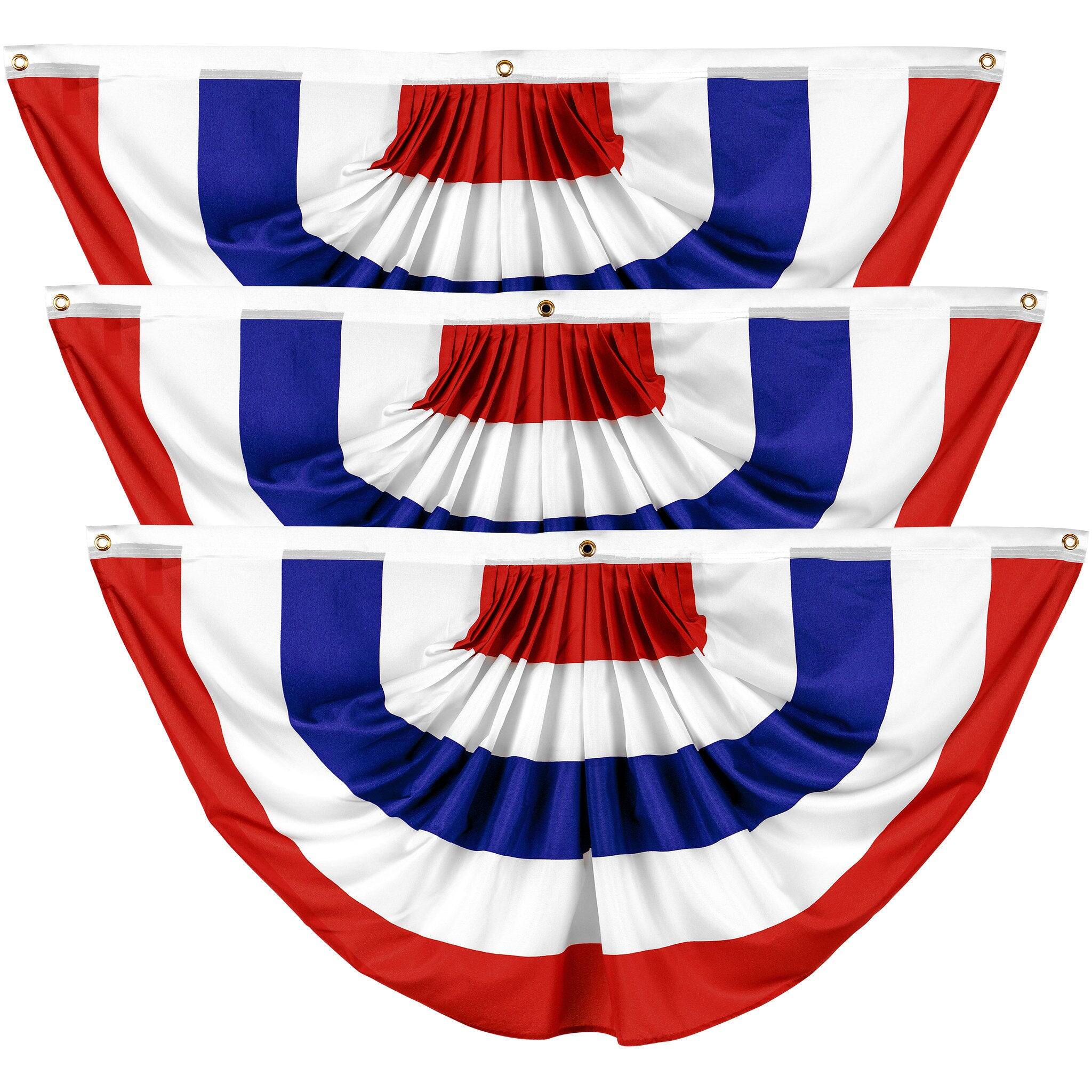 Front. G128 - 3 Pack American No-Stars Pleated Fan Flag, 2x4 ft Printed 150D Polyester Indoor/Outdoor Bunting with Brass Grommets. - Red, white, blue.