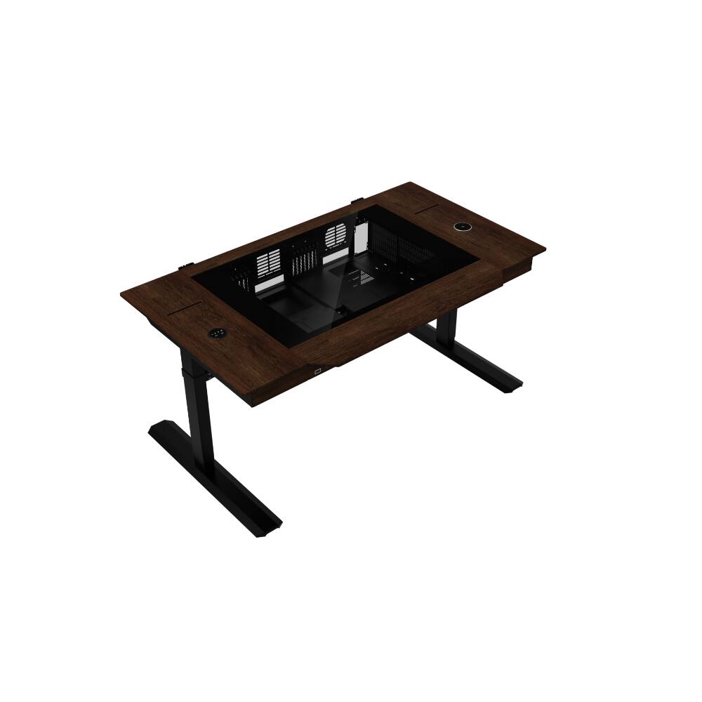 Back. Lian Li - DK-07 Wood Motorized Standing Desk | Dual E-ATX Ready, Real Wood Top, Built-in Wireless Charging, Height Adjustable - Black.