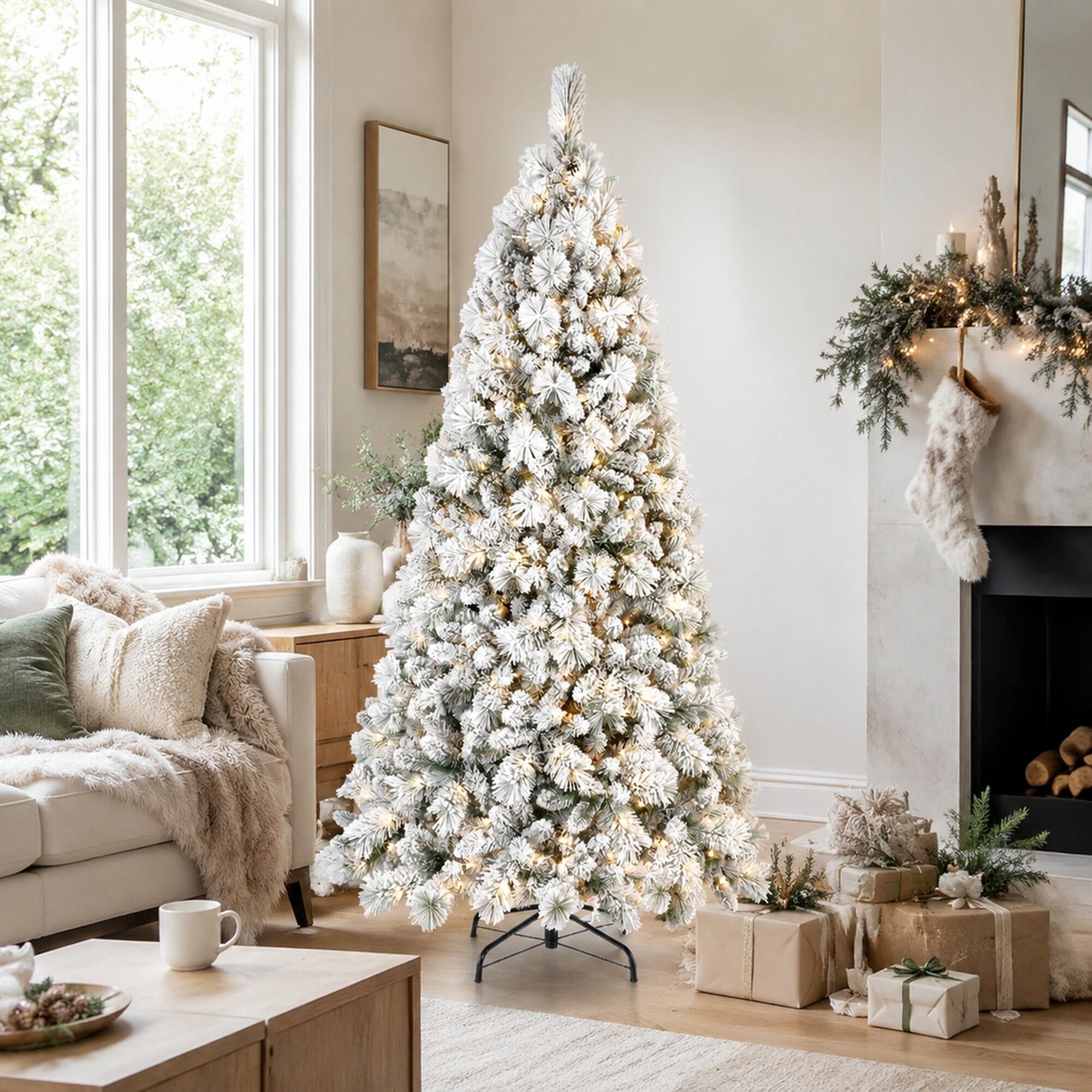 Back. RYHNUYNE - 4FT Flocked Pre-Lit Christmas Tree, 150 Warm White LED Lights 350 Tips PVC Hard Needle Hinged Design Sturdy Metal Stand - Green,White.