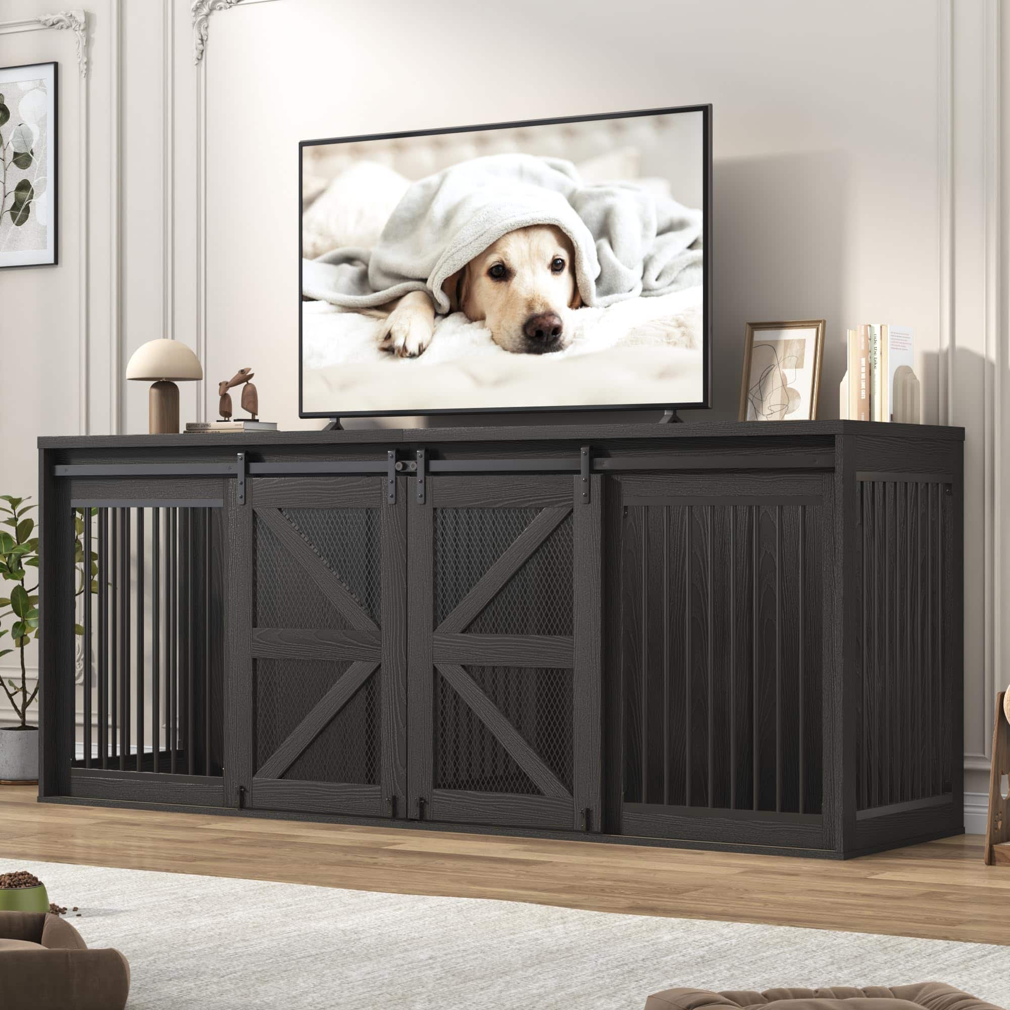 Espafurni - 87In Farmhouse Dog Crate TV Stand - 2 - Dog Capacity, Sliding Mesh Door
