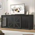 Front. Espafurni - 87In Farmhouse Dog Crate TV Stand - 2 - Dog Capacity, Sliding Mesh Door.