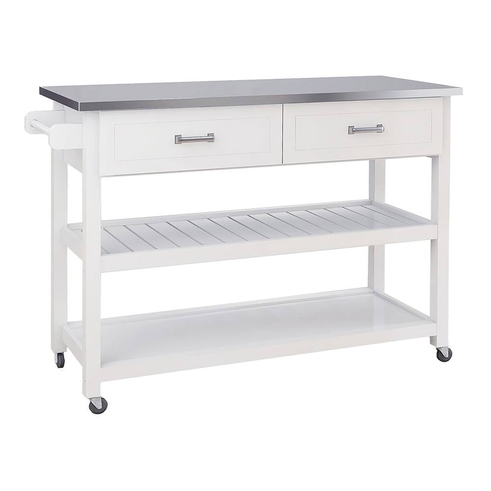 Left. Kadyn - Veryke Console Table with Stainless Steel Table Top, Kicthen Storage Cart with Two Drawers - White - White.