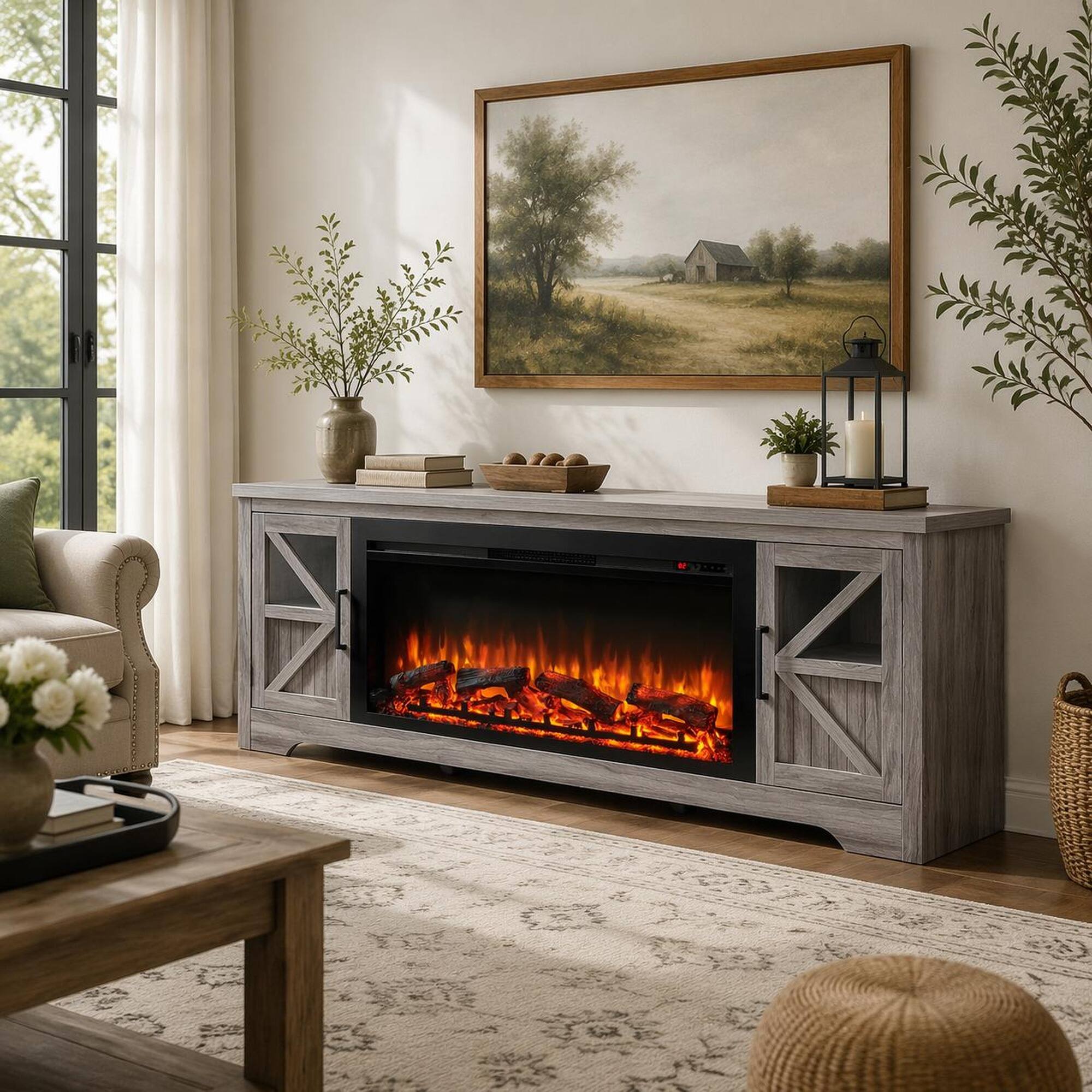 Angle. RYHNUYNE - 75 Inch Fireplace TV Stand for TVs up to 80 Inch with 44 Inch Electric Fireplace for Living Room Home Theater - Gray Wash.