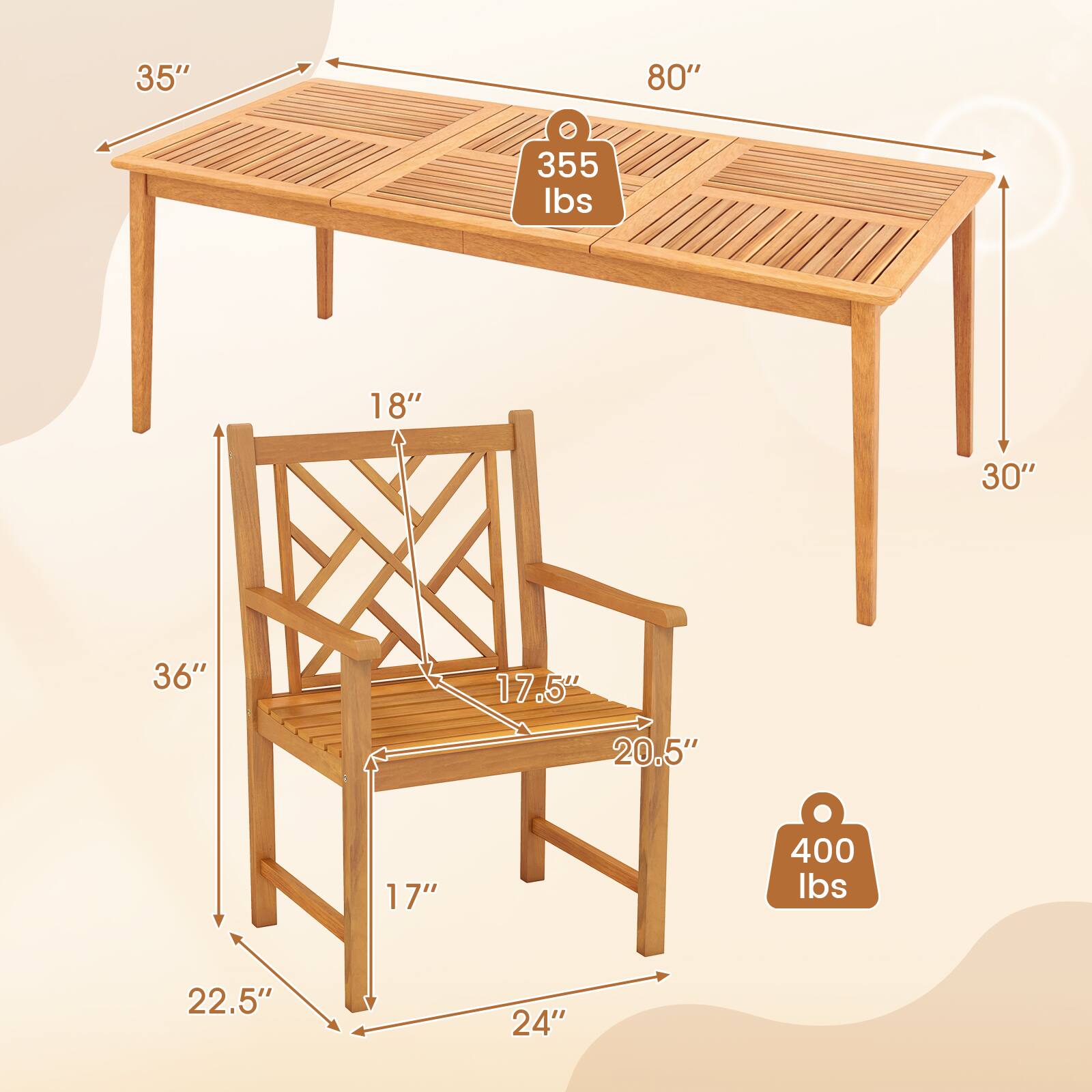 - Table:
  - Length: 80"
  - Width: 35"
  - Height: 30"
  - Weight Capacity: 355 lbs

- Chair:
  - Height: 36"
  - Width: 24"
  - Depth: 22.5"
  - Seat Height: 18"
  - Seat Depth: 17.5"
  - Back Height: 20.5"
  - Weight Capacity: 400 lbs