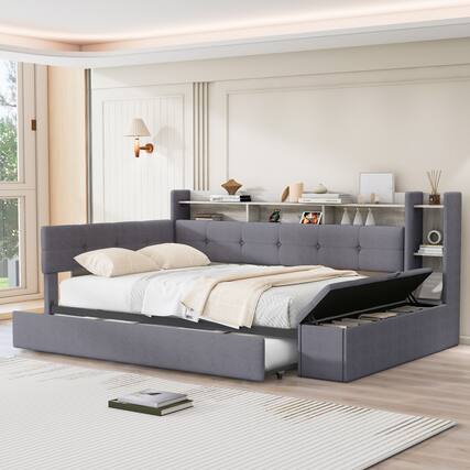 Front. Whisen - Twin Size Upholstered Daybed with Trundle, Storage Shelves, LED Light & USB Charging Station - Gray.